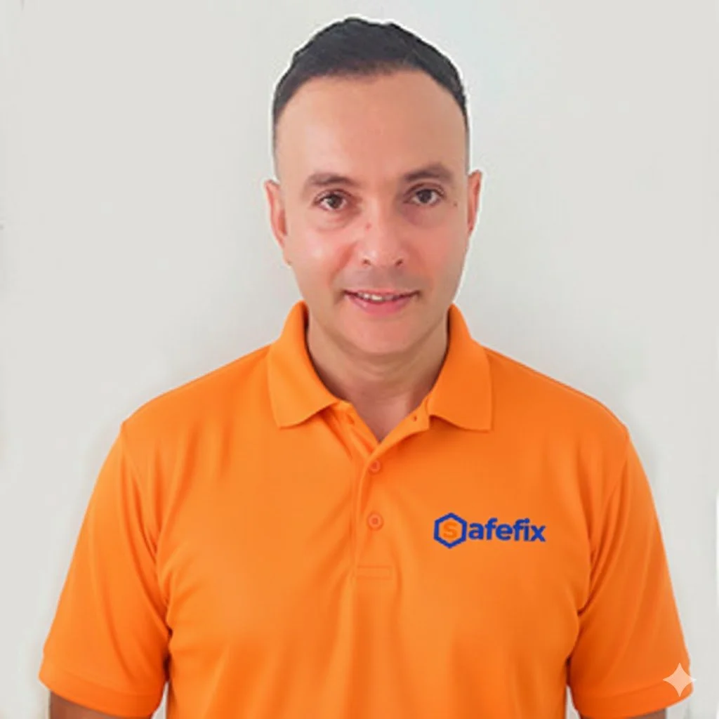 Man wearing a black polo shirt with "SAFEYARD" logo