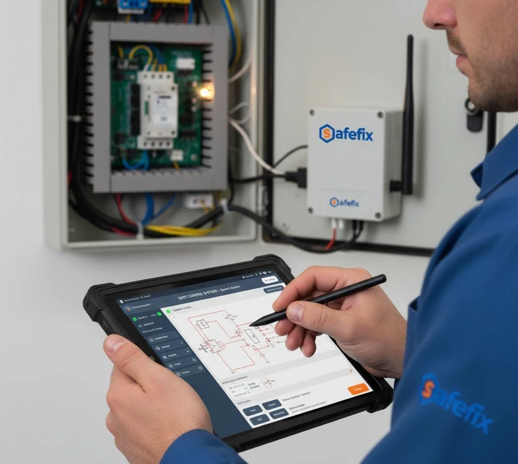 A technician in a blue Safefix uniform using a stylus to operate a tablet with a circuit diagram app in front of an open electrical control panel, which contains electrical components and wiring.