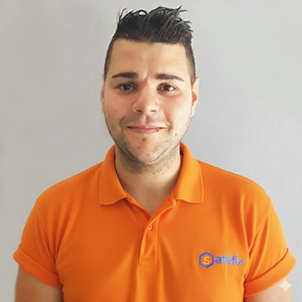 Man wearing a black Safegard polo shirt standing against a plain background.