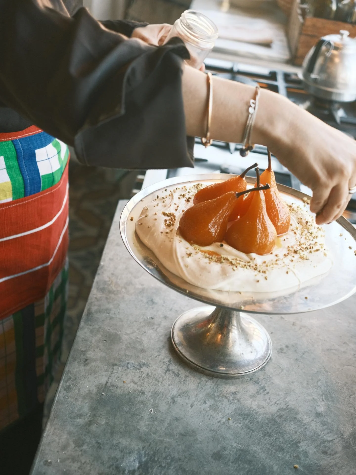 Pears poached in saffron and marsala on top of whipped mascarpone, yumm