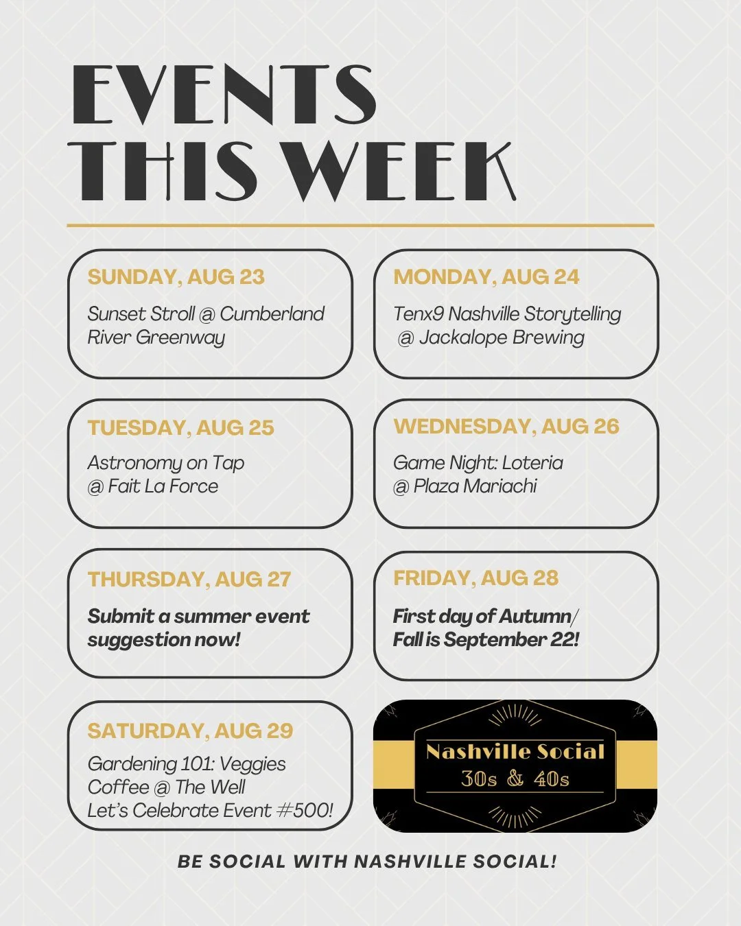 Looking for something to do this week?
Join our growing community of 800+ members for 5+ weekly events!

This week:
1. Sunset Stroll @ Cumberland River Greenway Greenways for Nashville 
2. @tenx9nashville Storytelling @jackalopebrew 
3.  Astronomy on