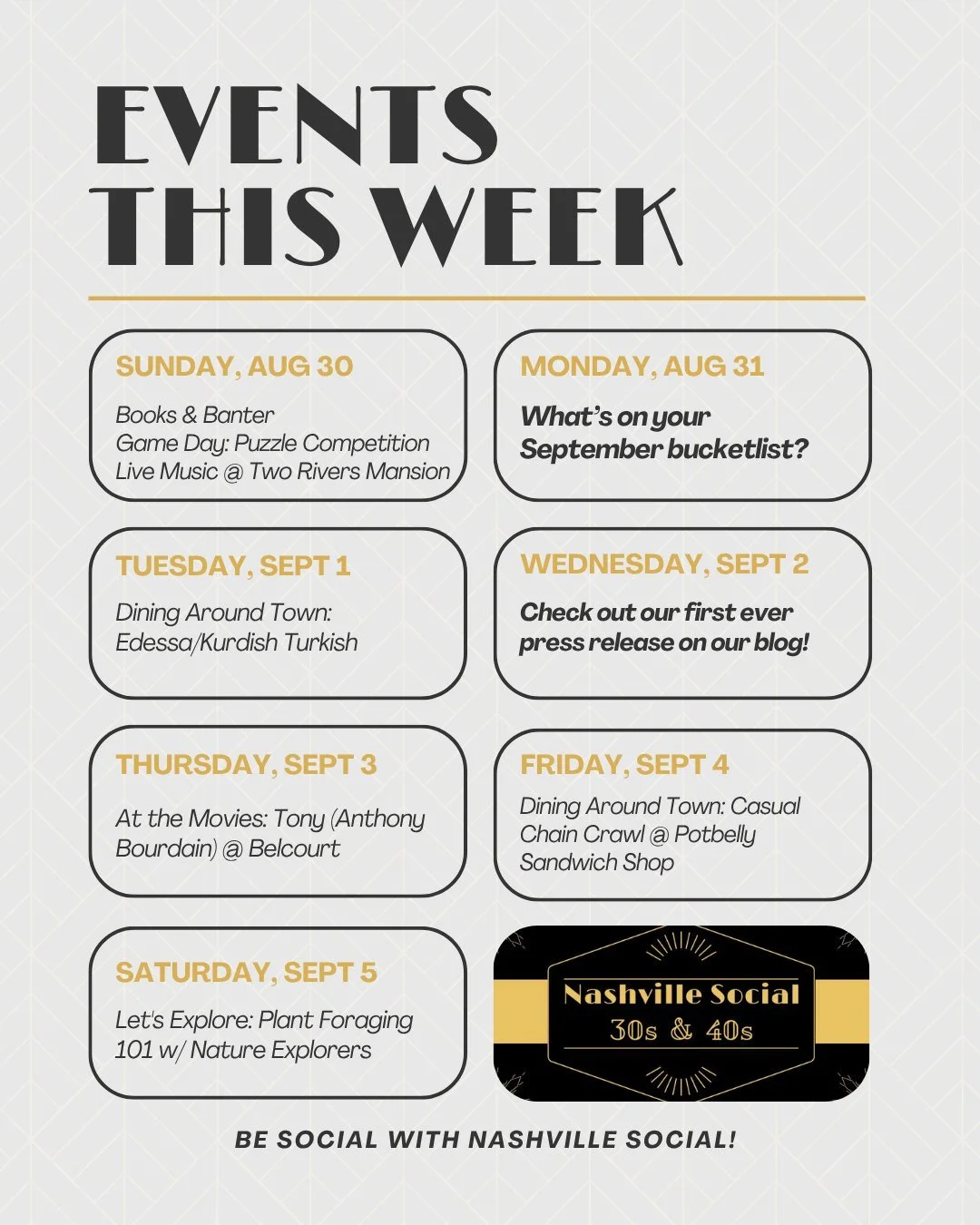 Looking for something to do this week?
Join our growing community of 800+ members for 5+ weekly events!

This week:
1. 8/30 - Books &amp; Banter @compassion.coffeehouse 
2. 8/30 - Game Day: Puzzle Competition @mondaynight 
3. 8/30 - Live Music: Music