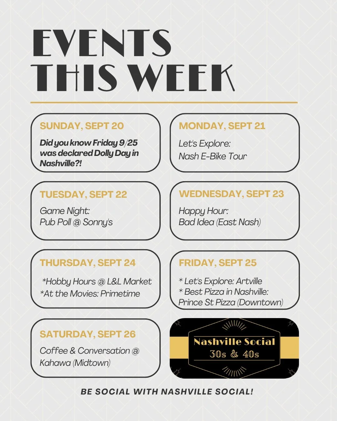 Looking for something to do this week?
Join our growing community of 800+ members for 5+ weekly events!

This week:
1. Let's Explore: Nash E-Bike Tour @musiccityadventure_co 
2. Game Night: Pub Poll @sonnysnashville 
3. Happy Hour: @badideanashville 