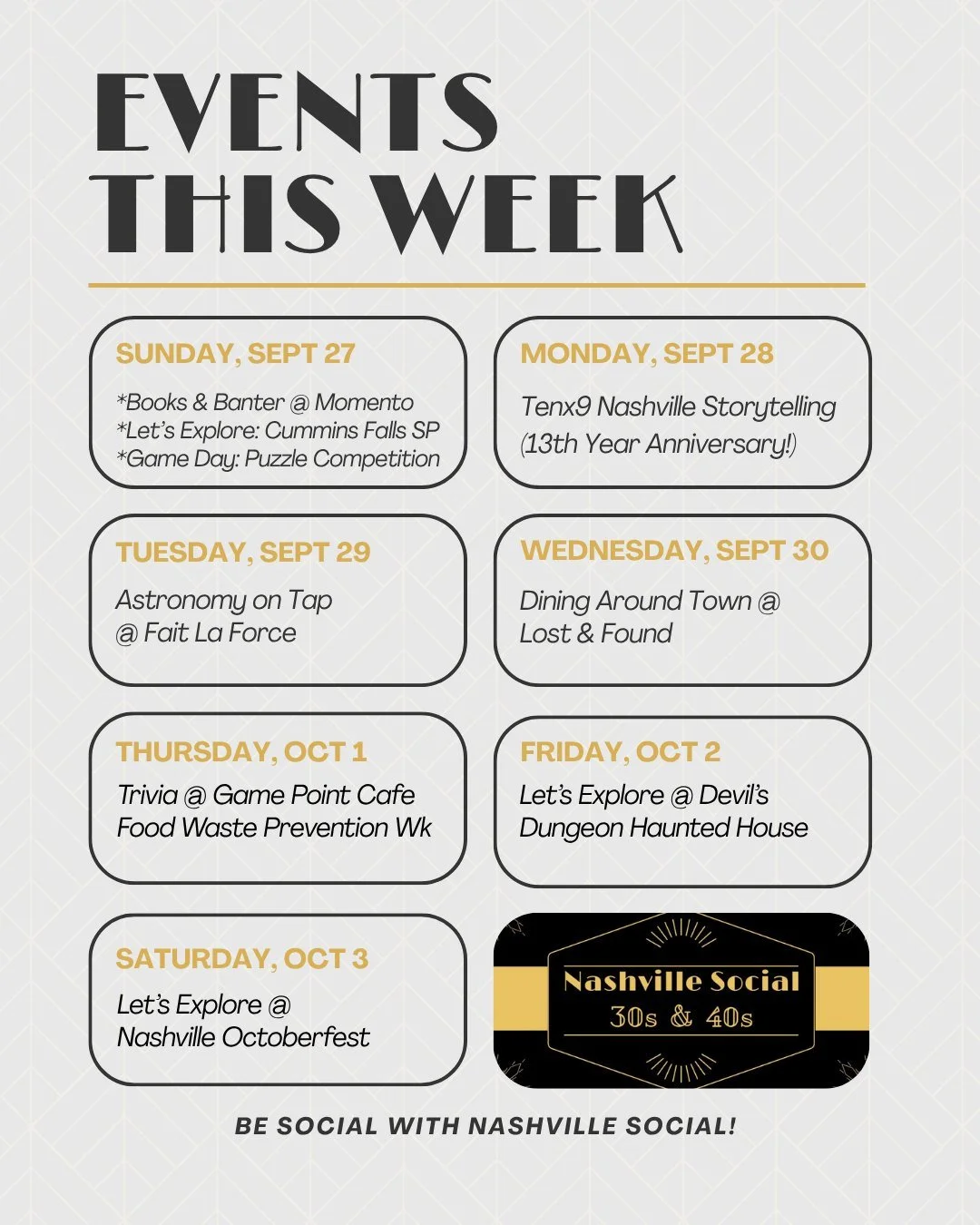 Looking for something to do this week?
Join our growing community of 800+ members for 5+ weekly events!

This week:
1. Books &amp; Banter @momentospecialtycoffee 
2. Let&rsquo;s Explore: @cumminsfallsstatepark 
3. Game Day: Puzzle Competition @monday