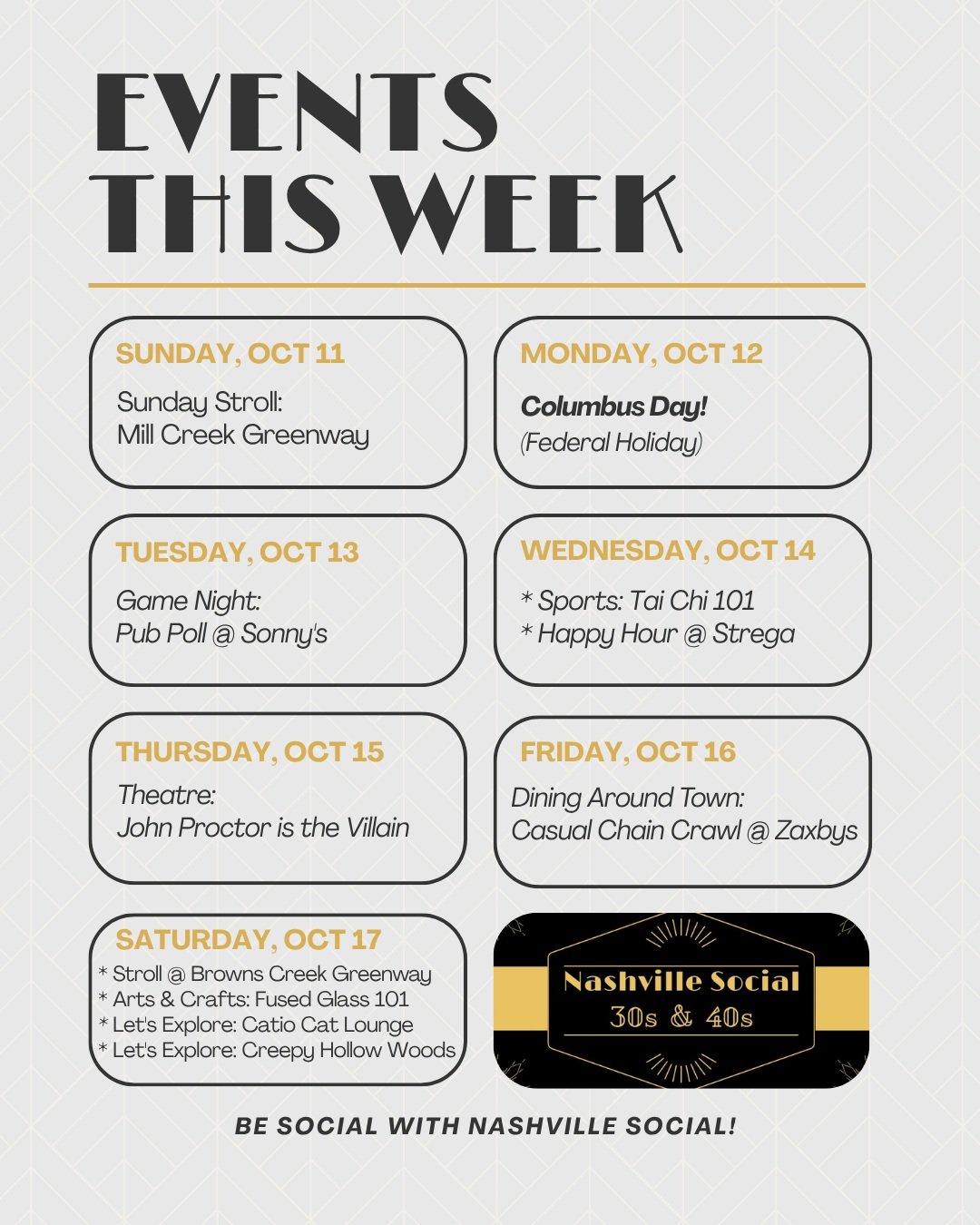 Looking for something to do this week?
Join our growing community of 800+ members for 5+ weekly events!

This week:
1) Sunday Stroll: Mill Creek Greenway 
2) Game Night: Pub Poll @ Sonny's
3) Sports: Tai Chi 101
4) Happy Hour @ Strega
5) Theatre: Joh