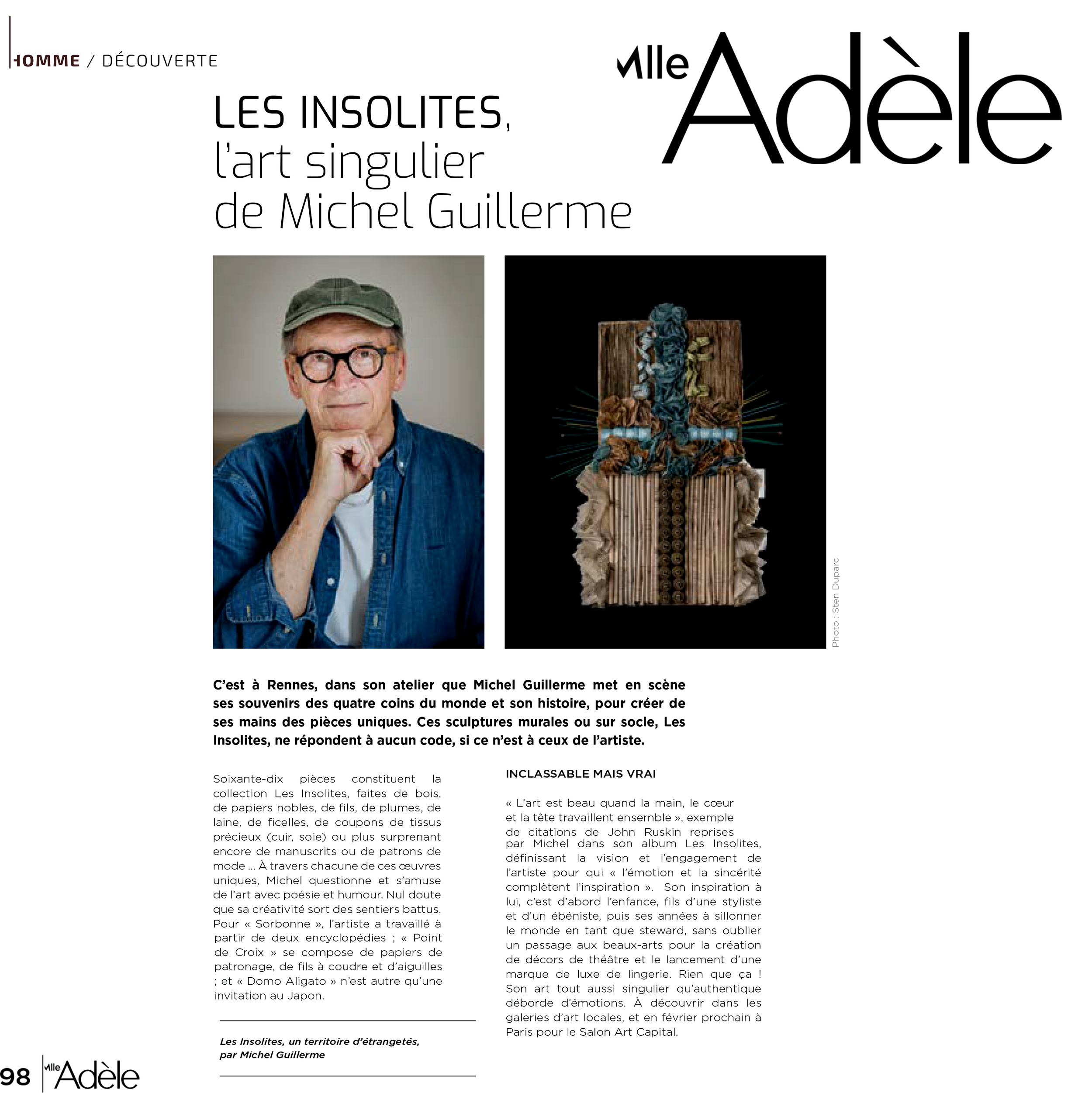 Page magazine présentant Michel Guillerme et ses œuvres. Photo d'un homme portant des lunettes, une casquette, en chemise en denim et fond gris. Image d'une sculpture en bois et tissus. Texte en français sur l'art de Michel Guillerme et sa collection "Les Insolites".