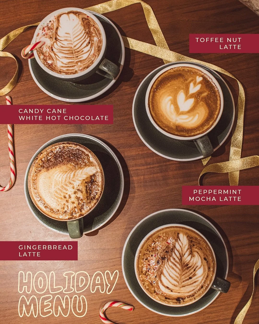 Does the snow have you in the holiday mood? ❄️ 🎄
You are in luck, Holiday drinks are here!

🌰 Toffee Nut Latte

🍫 Peppermint Mocha Latte

🎄Gingerbread Latte

🎅 Candy Cane White Hot Chocolate