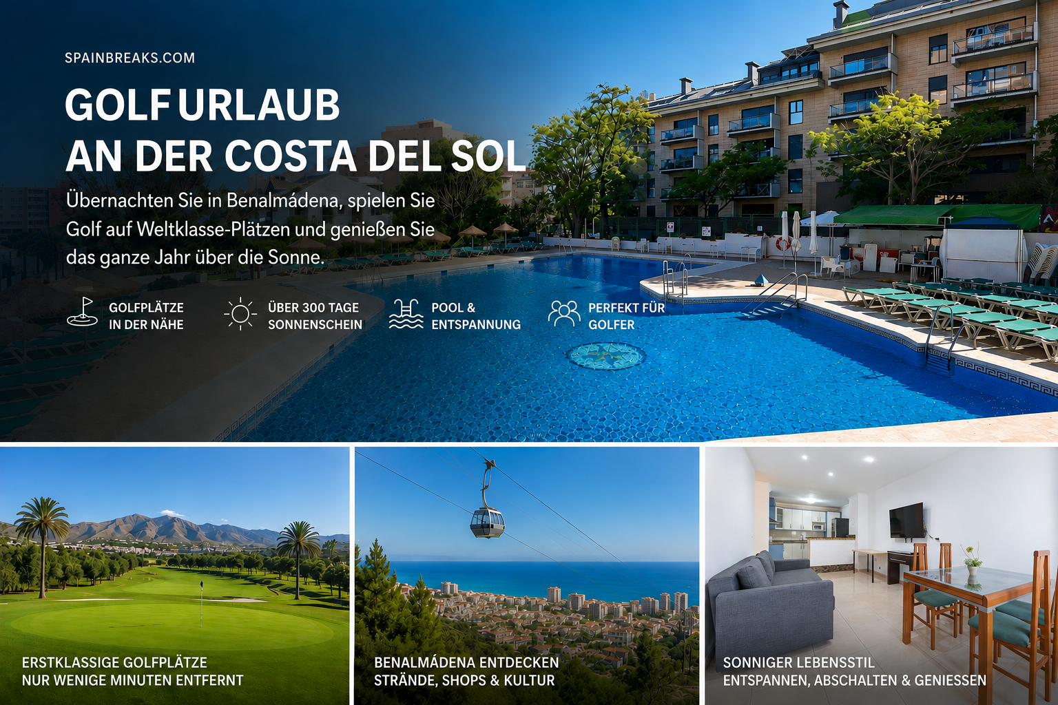 A promotional image for a golf holiday in Costa del Sol, Spain, showing hotel pool, golf course, cable car, and interior living space with text describing the destination's features and attractions.