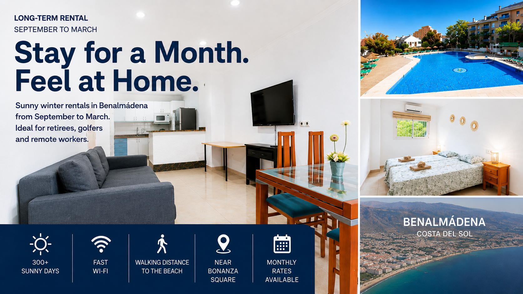 A promotional flyer advertising long-term rentals in Benalmádena, Costa del Sol, from September to March. The flyer features images of a pool, a bedroom, a living room with a dining area, and an aerial view of Benalmádena. It includes icons highlighting sunny days, fast Wi-Fi, walking distance to the beach, proximity to Bonanza Square, and availability of monthly rates.