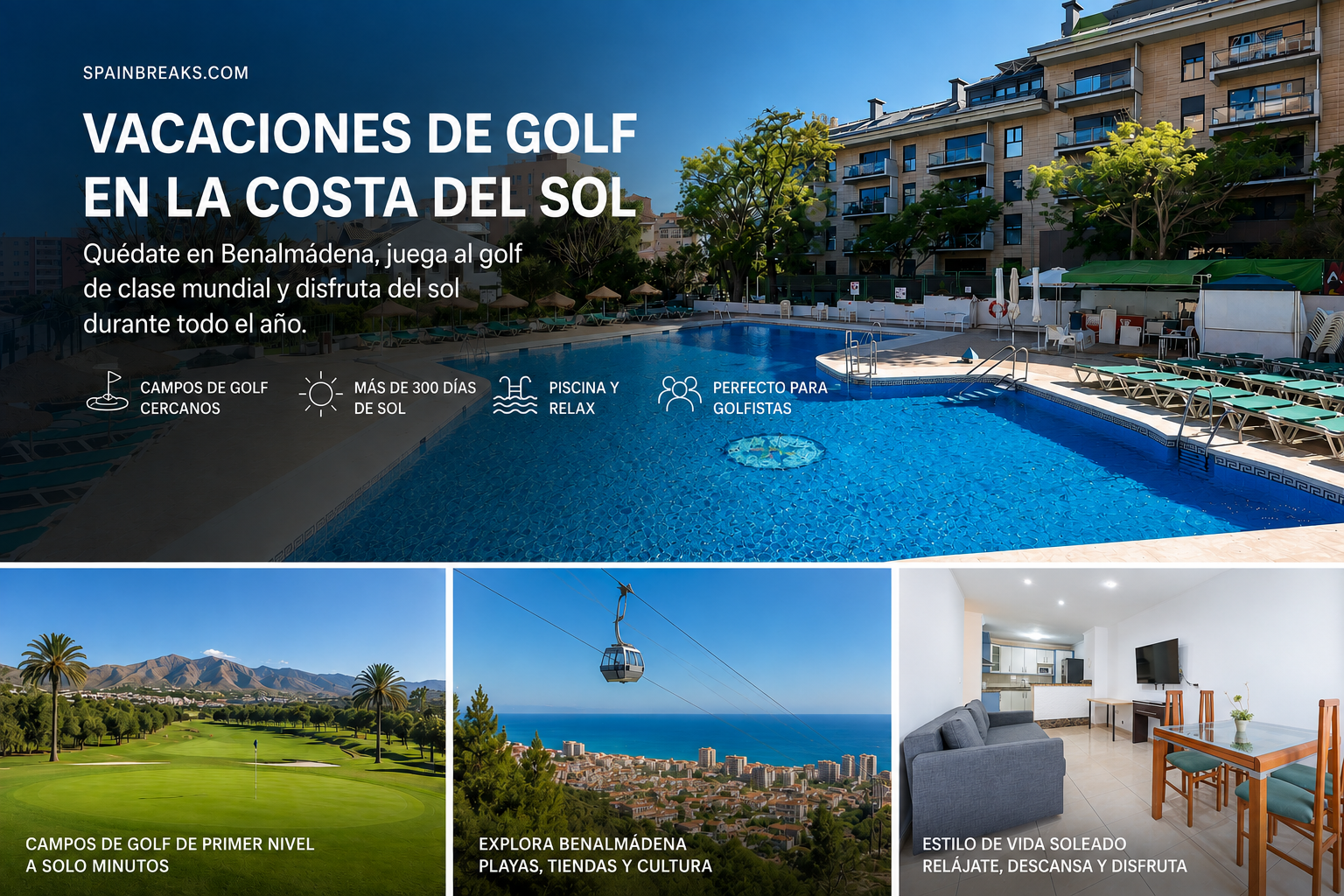 Promotional advertisement for golf vacations in Costa del Sol, Spain featuring a swimming pool at a hotel, a golf course with mountains in the background, a cable car over the city, and a living room with a TV and dining area.
