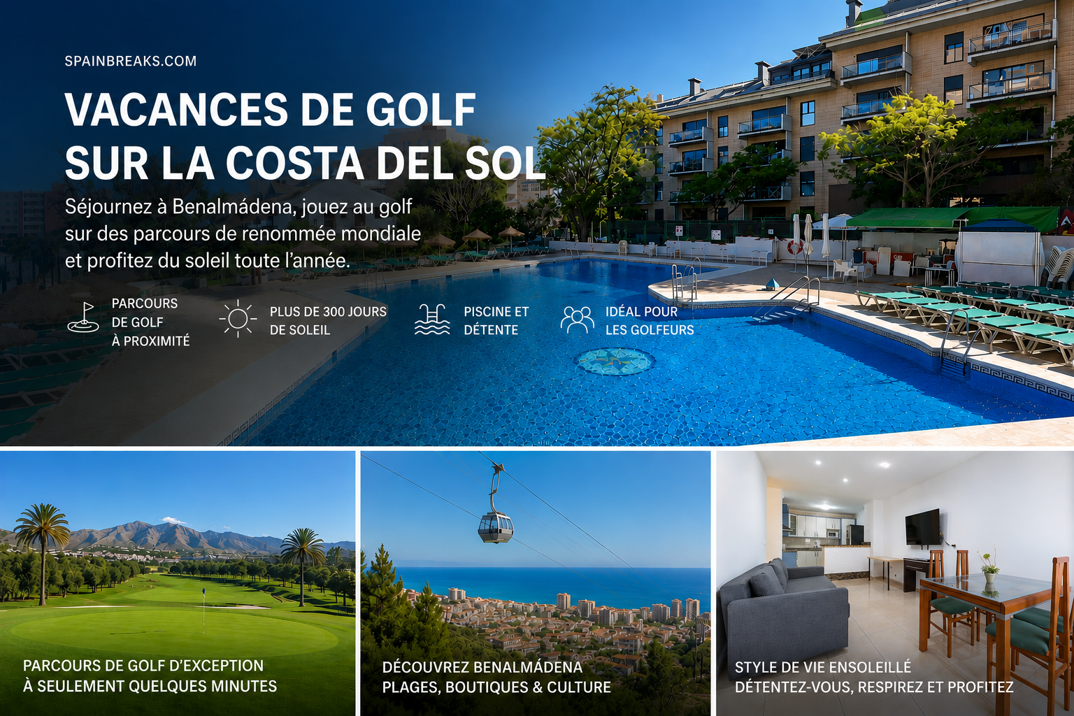 Advertisement for golf vacations in Benalmádena, Spain, showing a swimming pool, golf course, cable car, and modern living room.