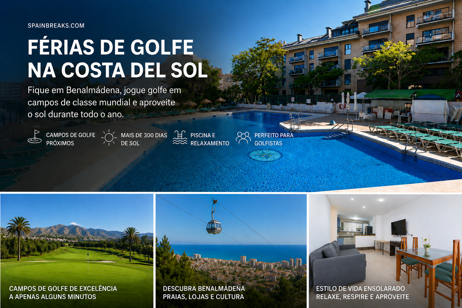View of a swimming pool surrounded by lounge chairs and trees in a residential complex with apartment buildings in the background, promoting golf holidays on the Costa del Sol in Benalmádena, Spain.