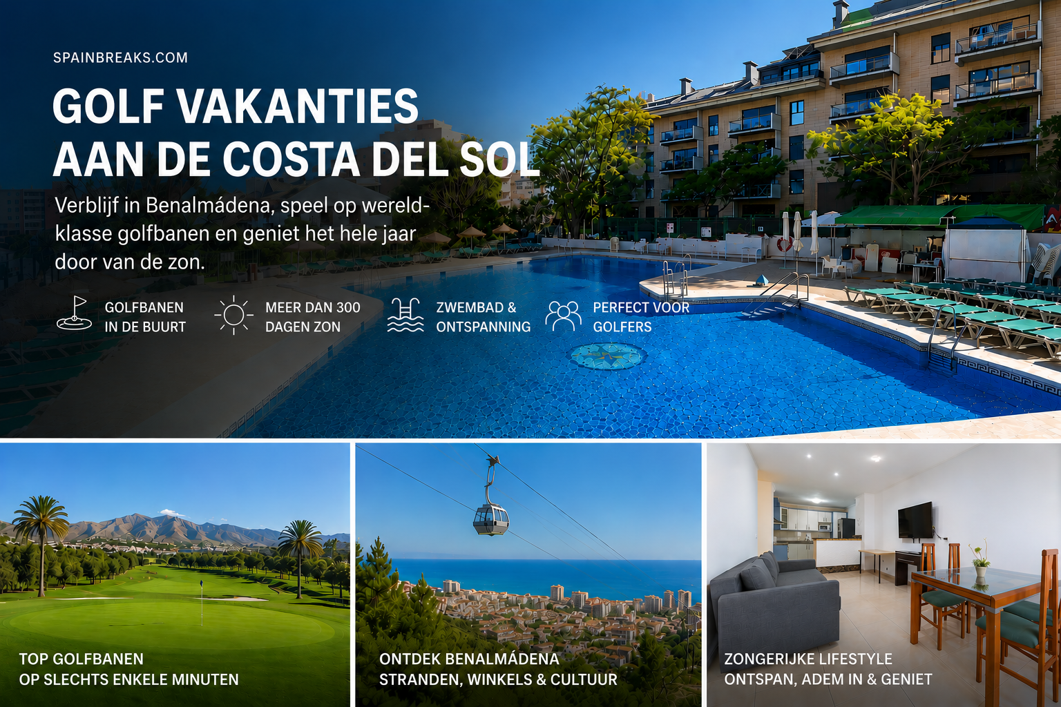 Advertisement for golf vacations in Benalmádena, Spain. Features a swimming pool, golf course, cable car, and a lounge interior. Highlights include nearby golf courses, sunshine, beaches, shops, and relaxation.