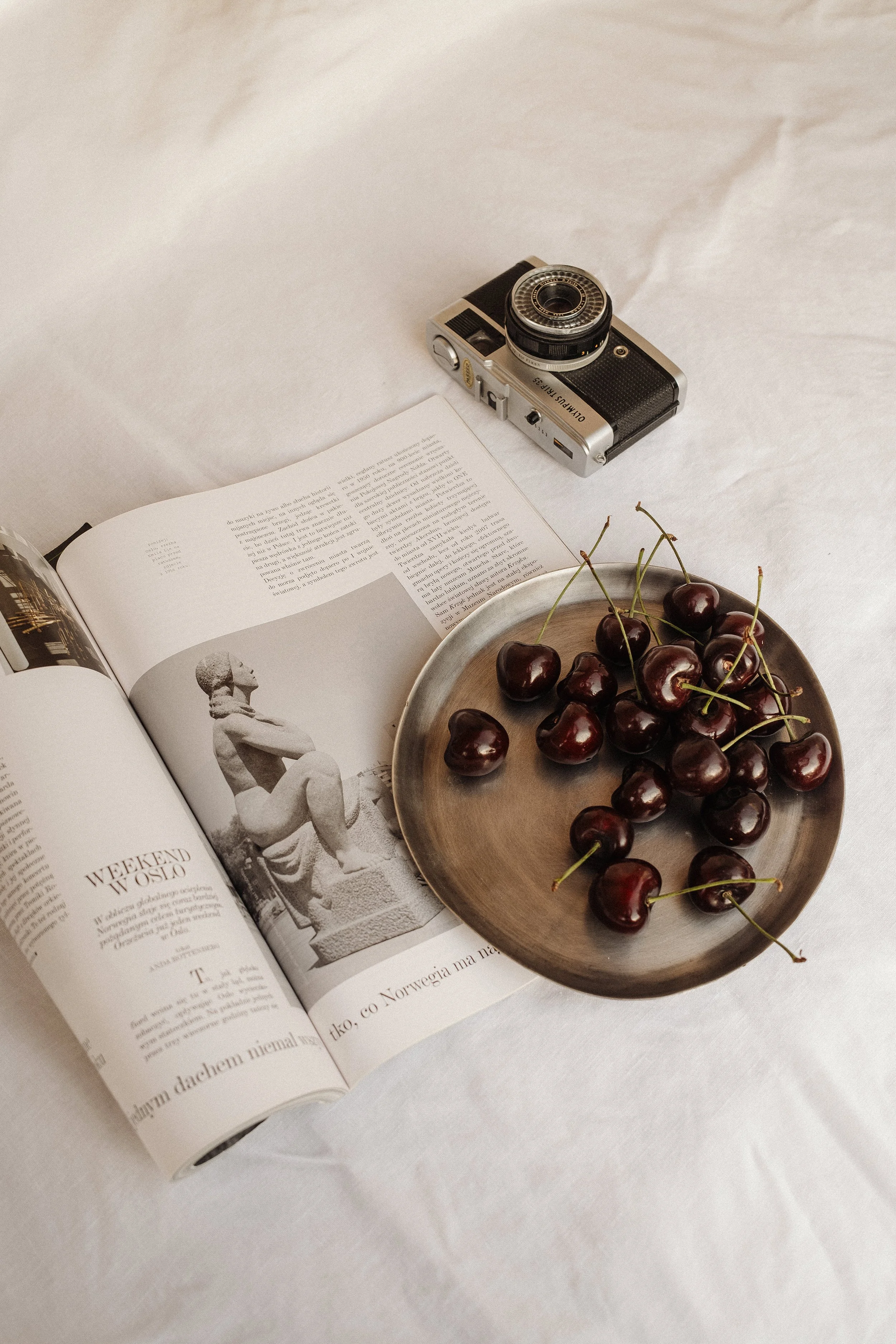 Une assiette de cerises noires sur un livre ouvert, une vieille caméra, et une nappe blanche.