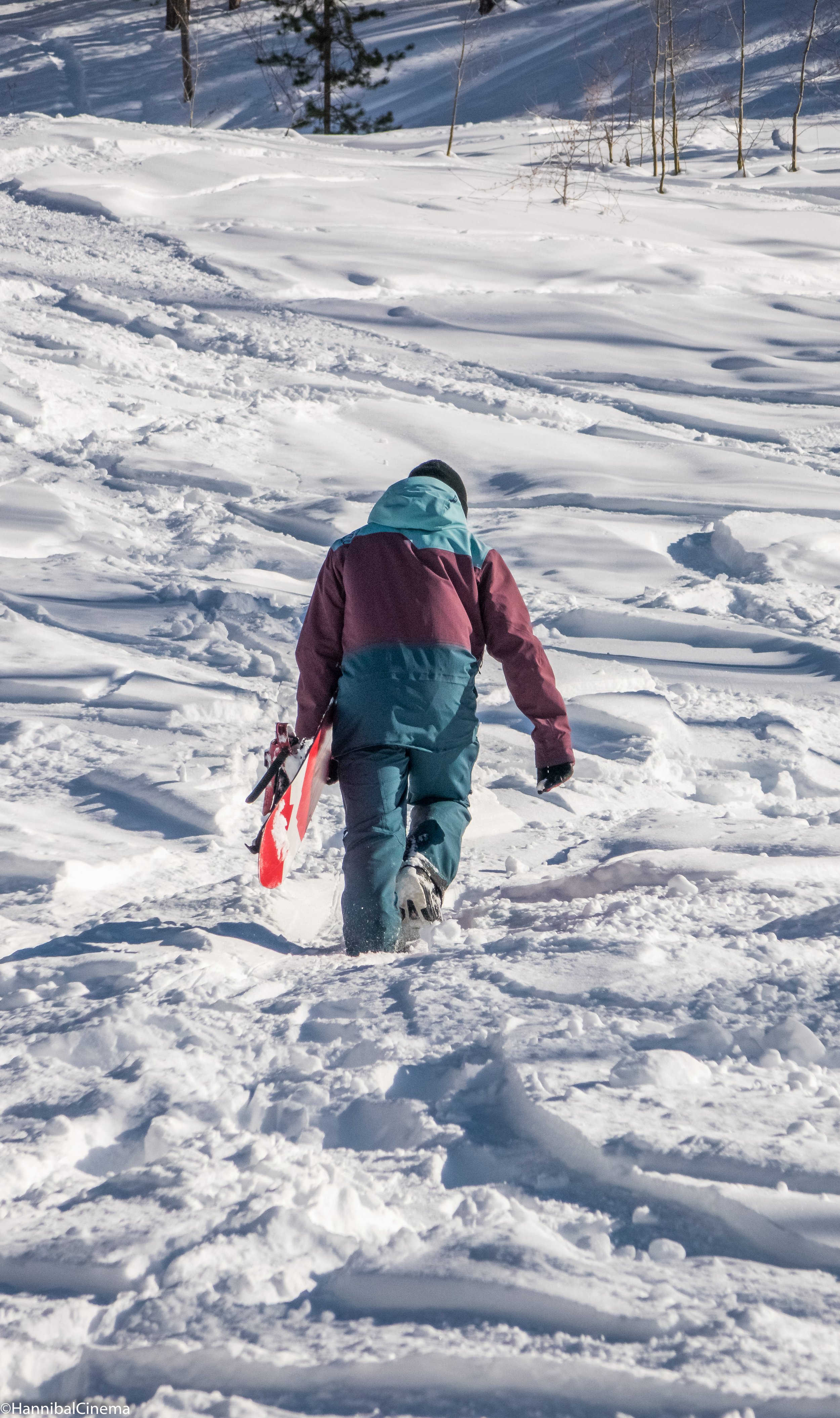 Person in a colorful winter jacket and snow boots walking through snow with a snowboard in hand.