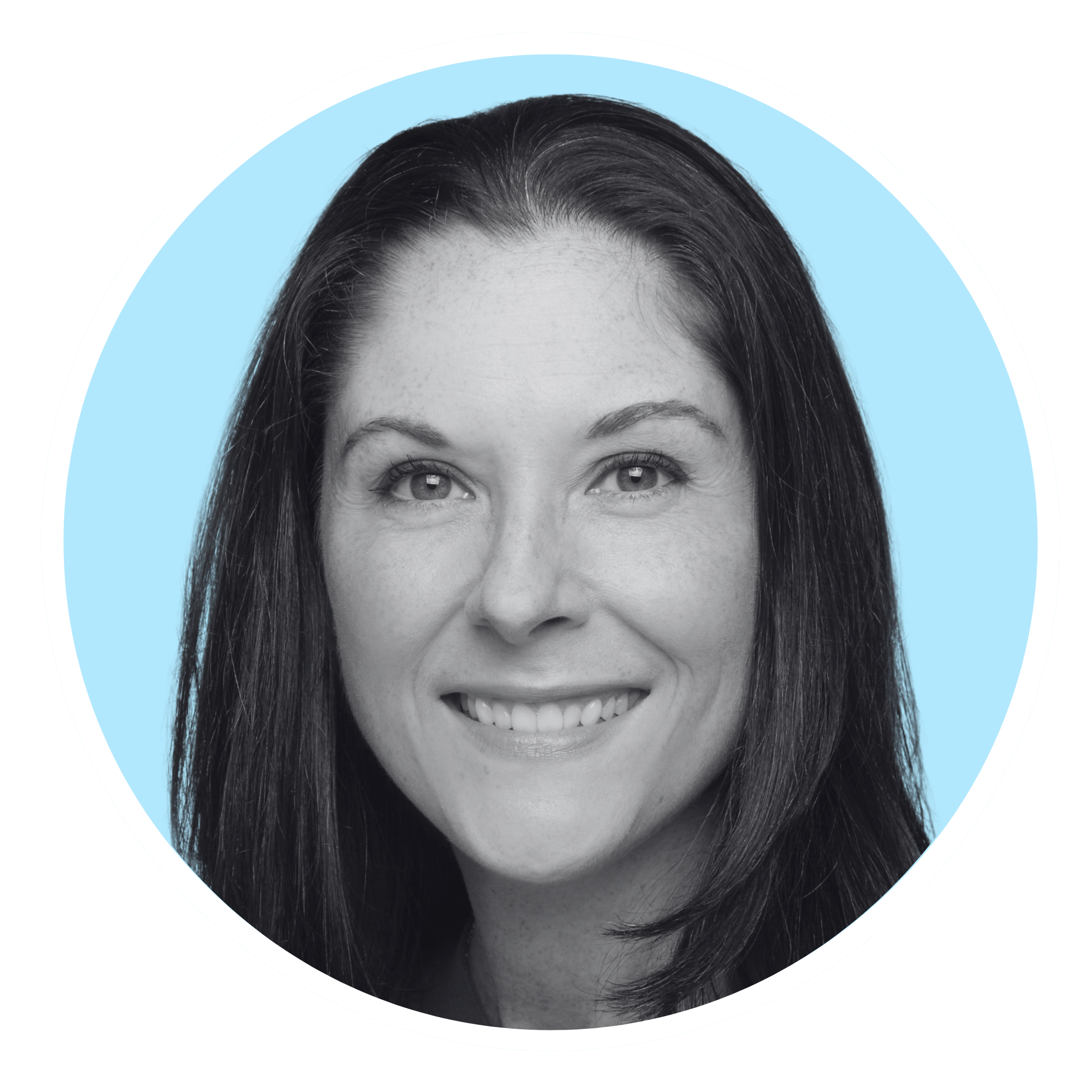 Black-and-white portrait of a smiling woman with shoulder-length dark hair, set against a light blue circular background.