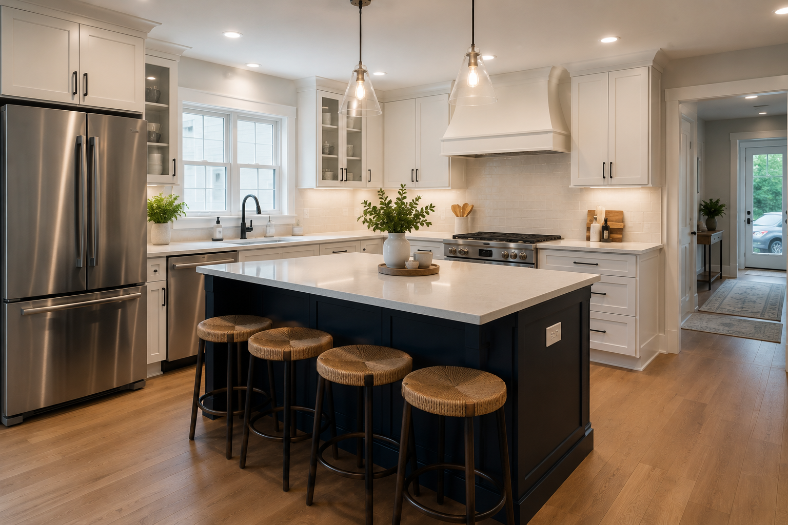 Modern kitchen with white cabinets, a central island with a black base, four bar stools, stainless steel refrigerator, black faucet, window above the sink, hanging pendant lights, and wooden flooring.