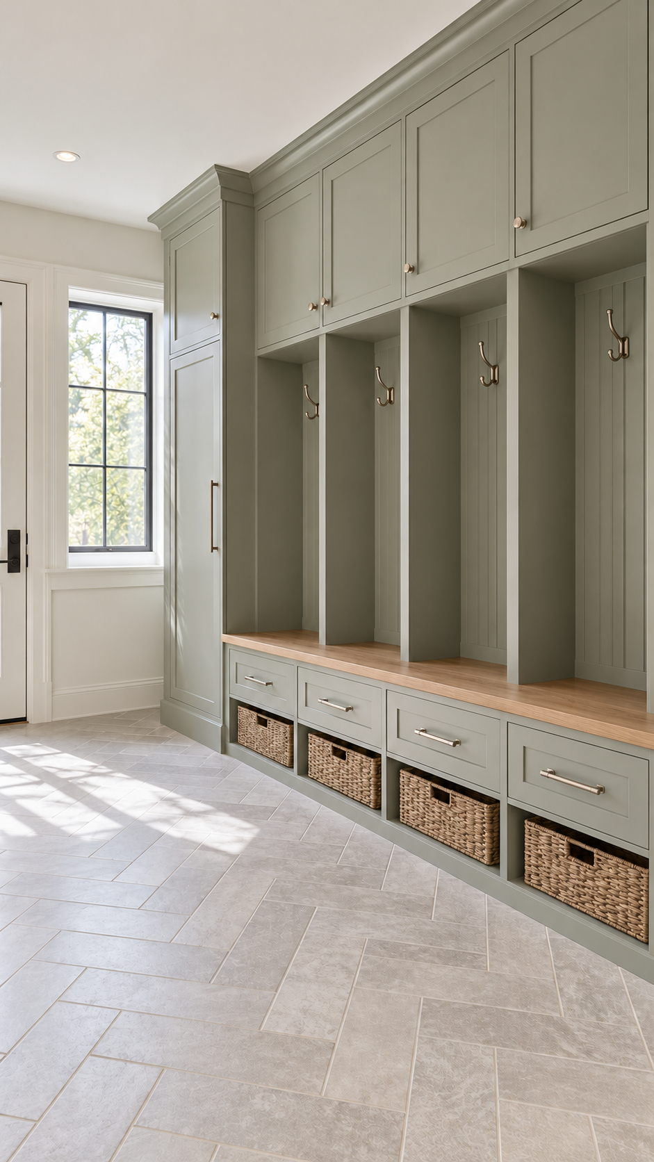 Entryway storage unit with hooks, drawers, and woven baskets, next to a window letting in natural light.