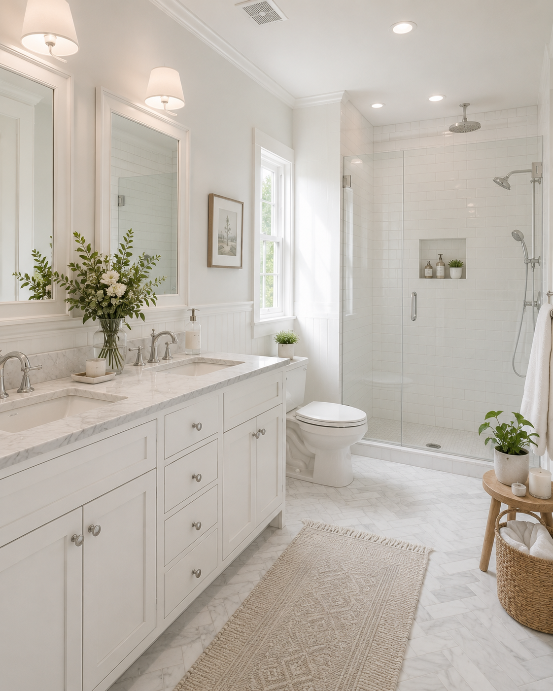Bright white bathroom with dual sinks, a mirror, and decorative plants, featuring a walk-in shower with glass door and white tiled walls.