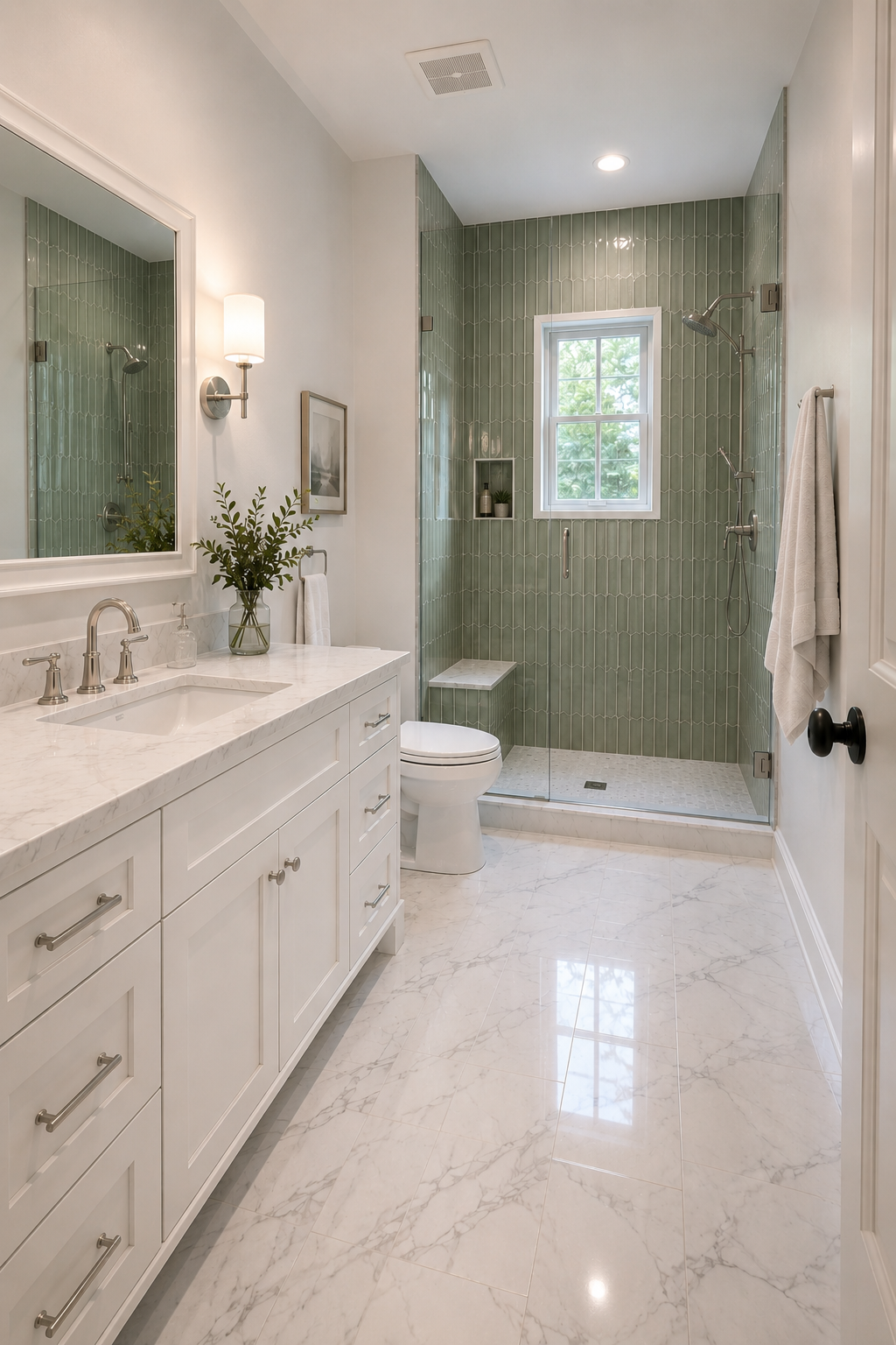 Bathroom with white vanity, marble countertop, large mirror, green tiled walk-in shower with window, and toilet.