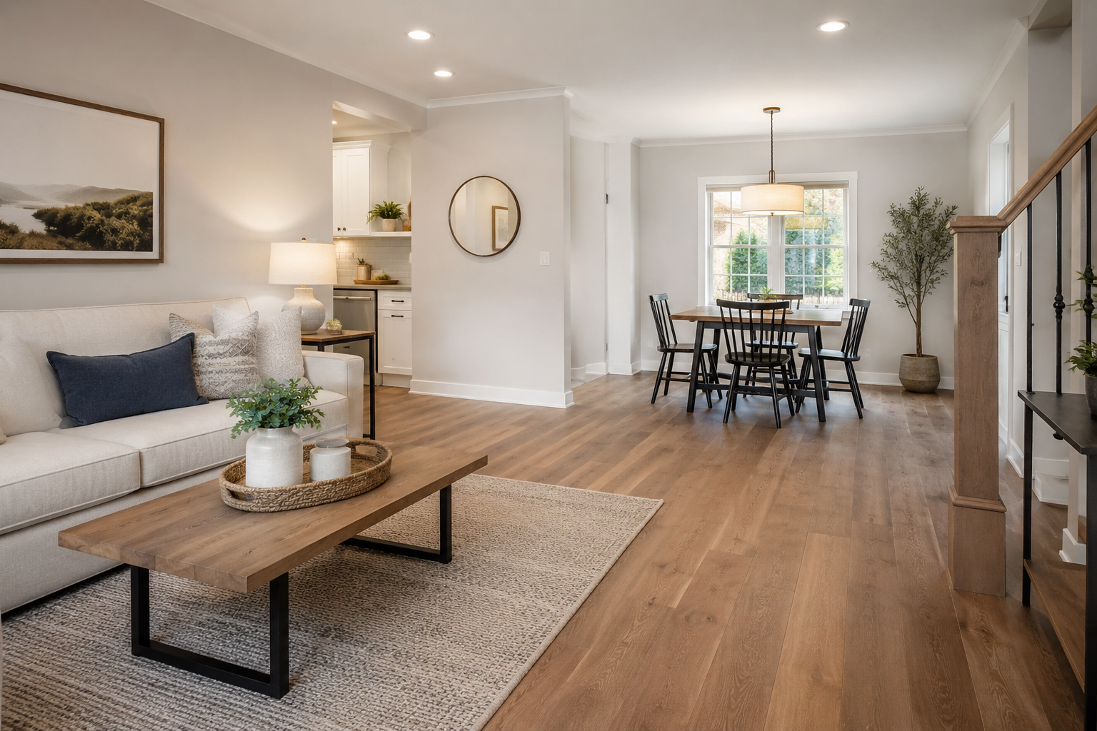 Open-plan living room and kitchen with wooden floors, white cabinetry, and large windows letting in natural light.