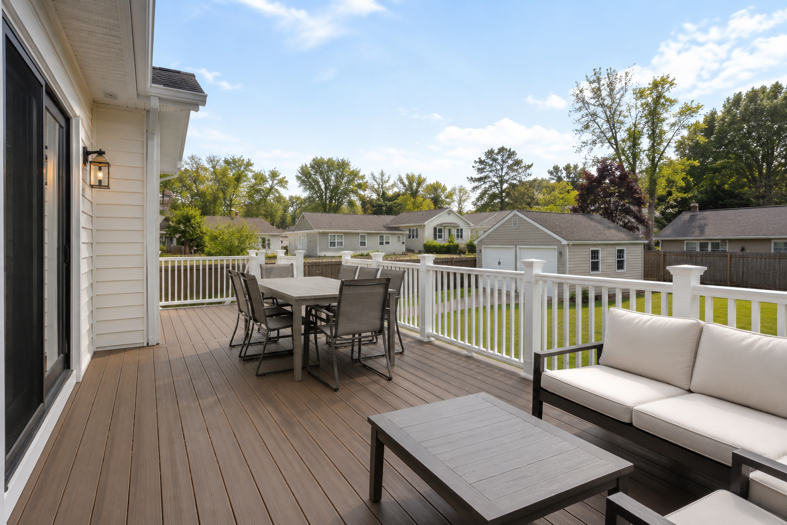 Modern outdoor patio with seating, coffee table, grill, and plants.