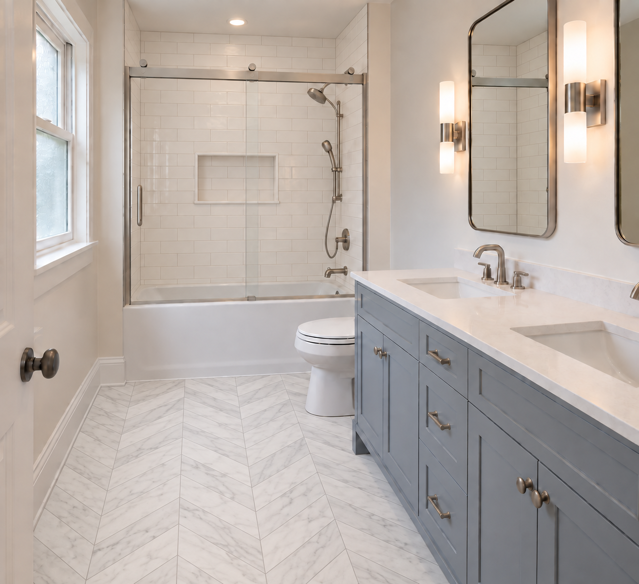 Modern bathroom with a light blue double vanity, white marble countertop, and two mirrors with wall-mounted lights. Shower and bathtub with a glass door, white subway tile walls, and a built-in niche. Light-colored tiled floor and a window on the wall.