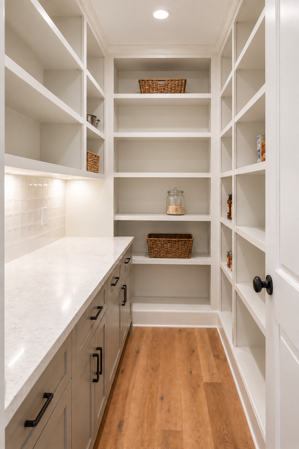 Empty pantry with white shelves, a countertop, and wooden floor.