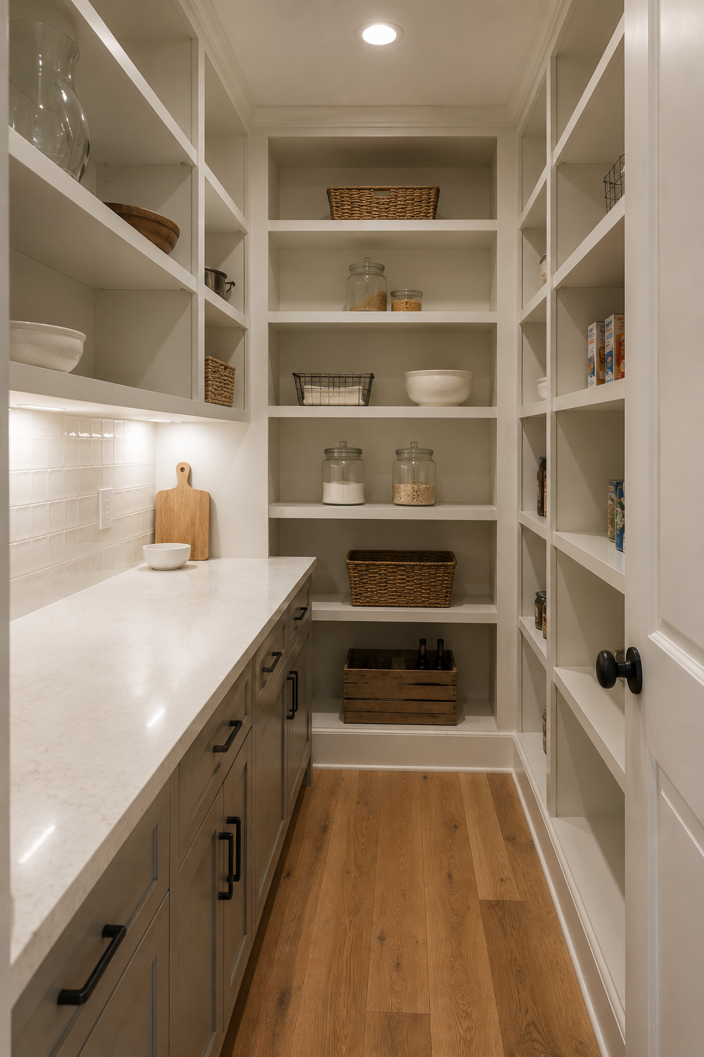 A designated pantry with white built-in shelves filled with jars, baskets, and boxes, a marble countertop with a wooden cutting board, and a wooden crate on a warm wood floor.