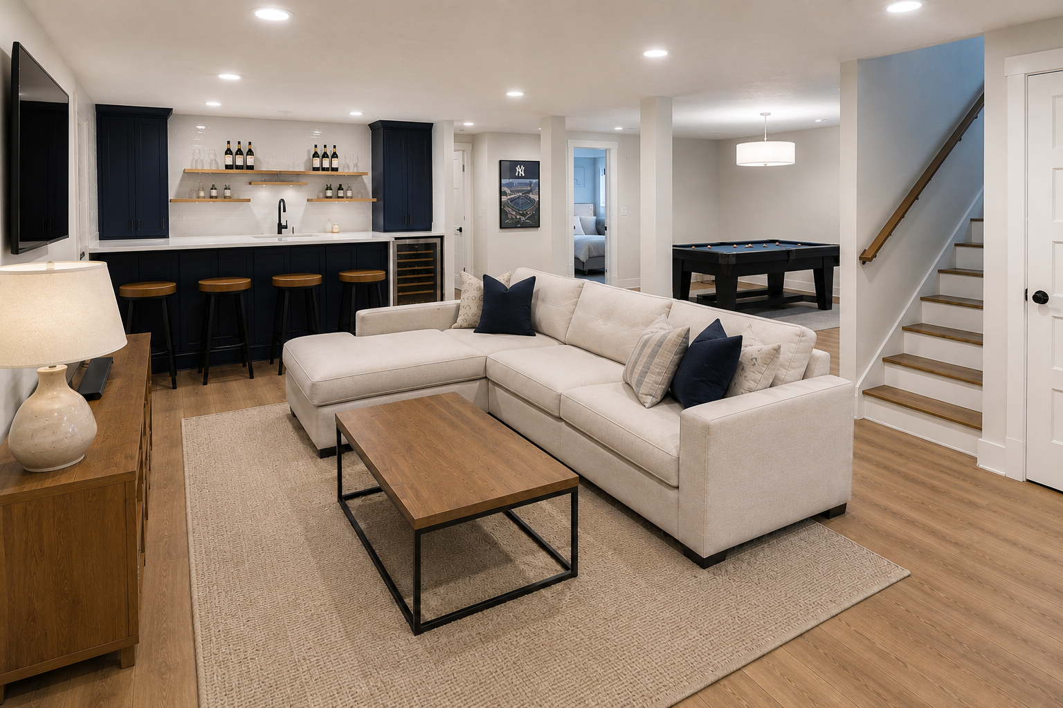 A cozy basement living room with a beige sectional sofa, dark blue pillows, a wooden coffee table, and a wooden sideboard with a lamp. In the background, a wet bar with dark blue cabinets, a white countertop, and barstools. A pool table and a framed picture of the New York Yankees are also visible.