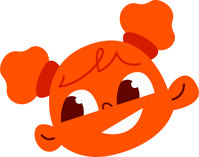 Playful illustration of an orange girl with hair tied in pigtails, smiling and showing excitement.