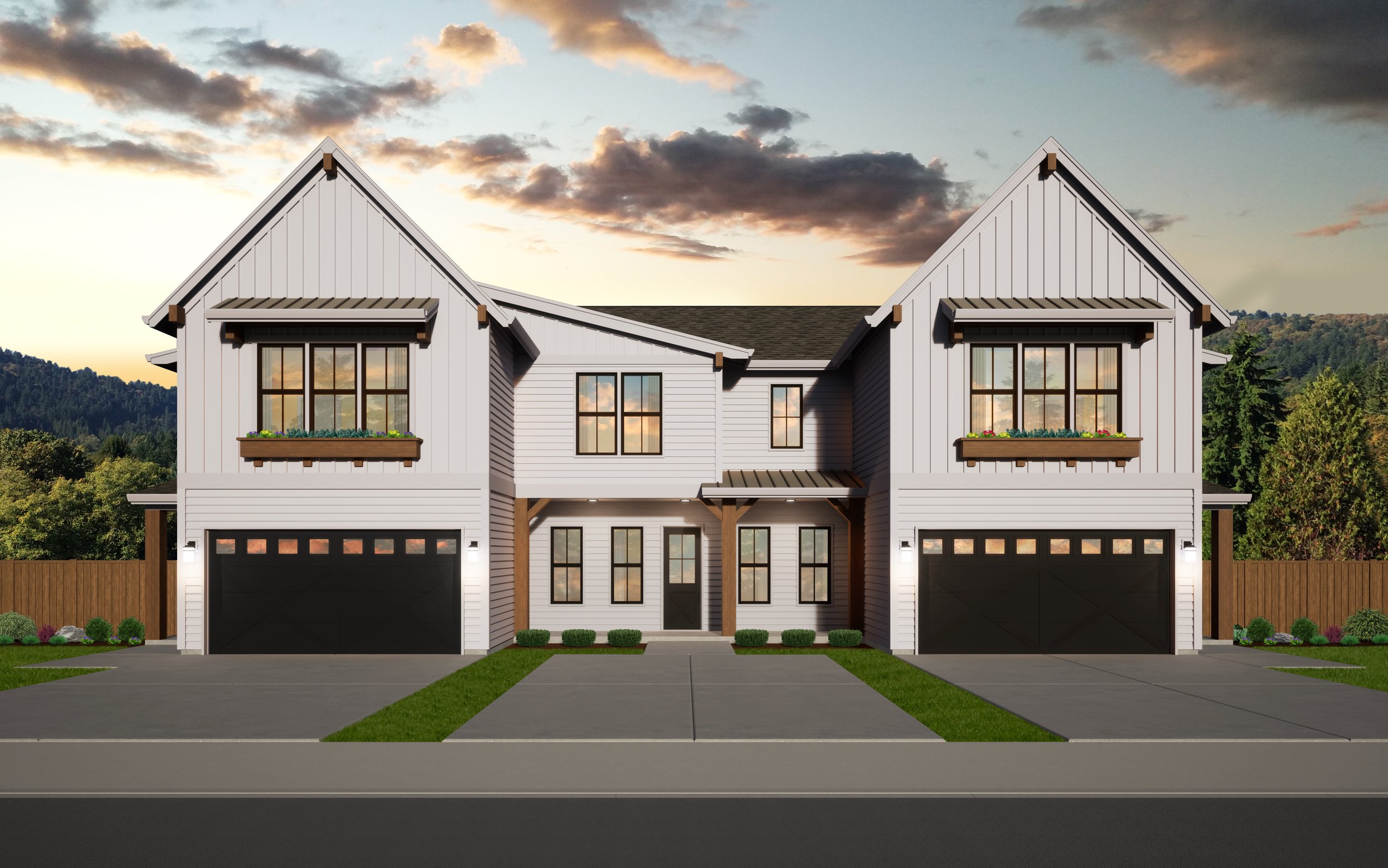 Modern duplex with two attached garages, large windows, and a landscaped front yard, set against an evening sky backdrop.