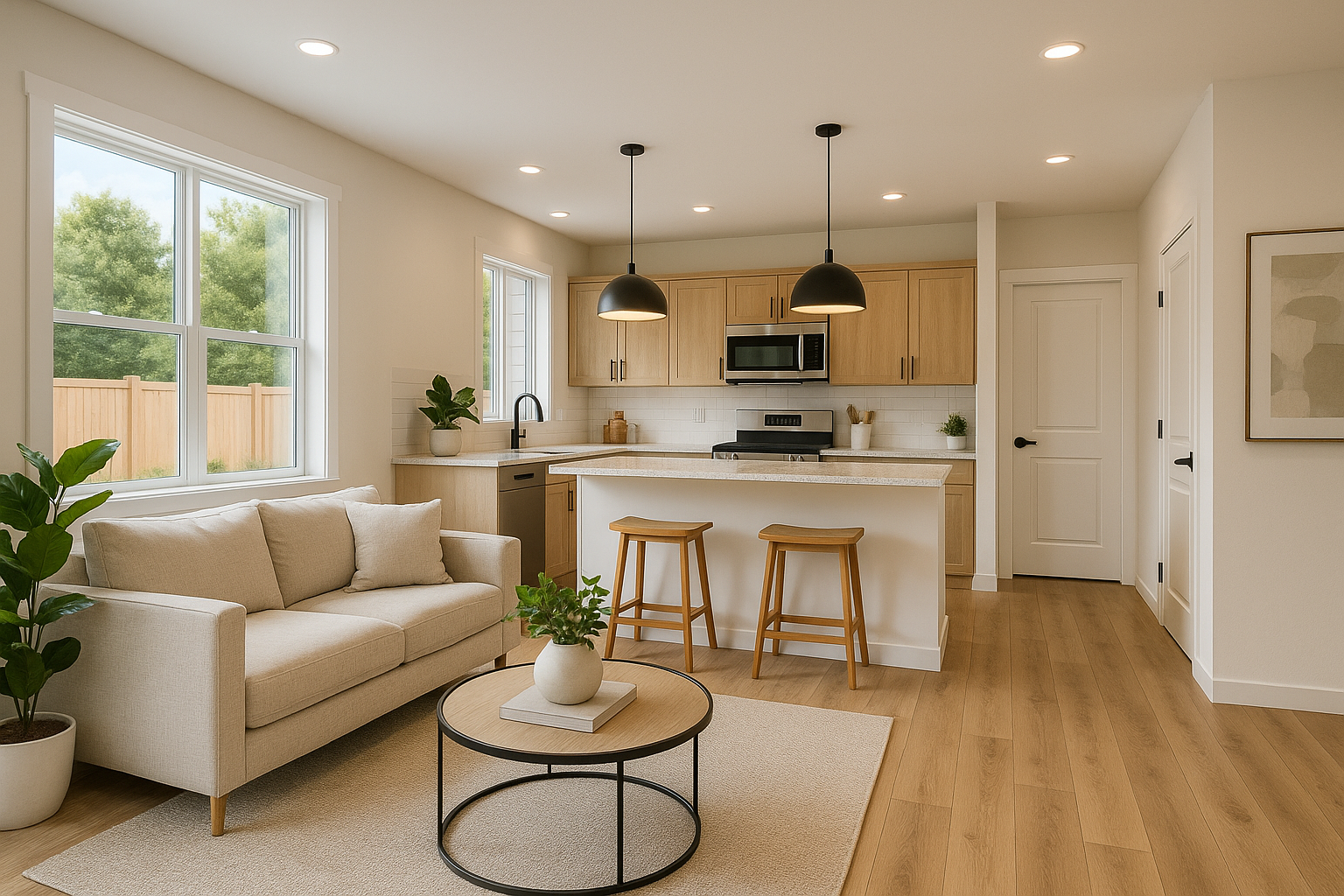 Modern open-concept living room and kitchen with light wood flooring, beige sofa, round coffee table, kitchen island with stools, pendant lights, and natural light from large windows.