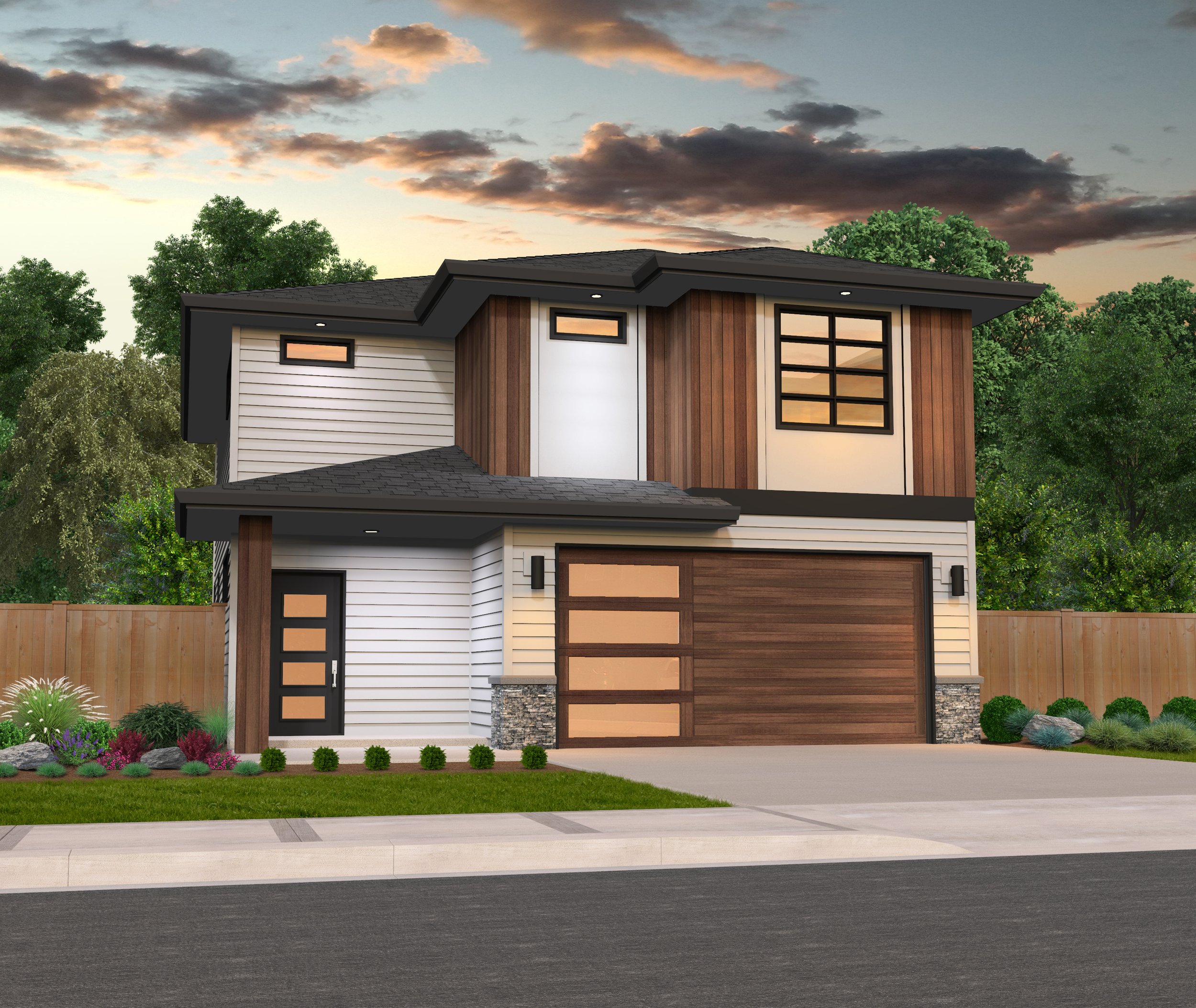 Modern two-story house with a flat roof, large windows, and wooden accents, situated in a suburban neighborhood with a landscaped front yard and driveway, during sunset.