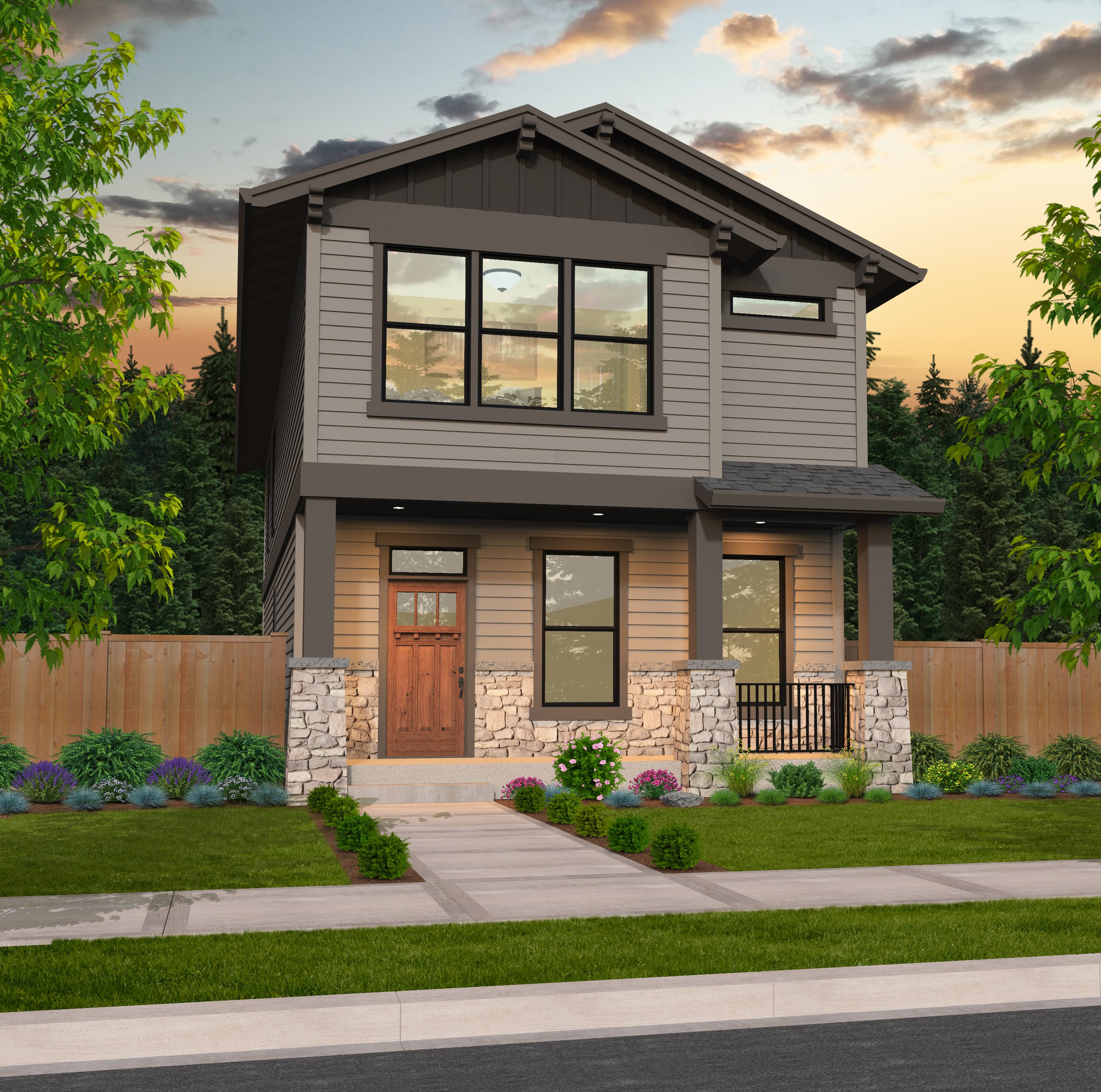Two-story modern house with stone accents, wooden front door, and landscaped yard, surrounded by trees and a wooden fence under a sunset sky.