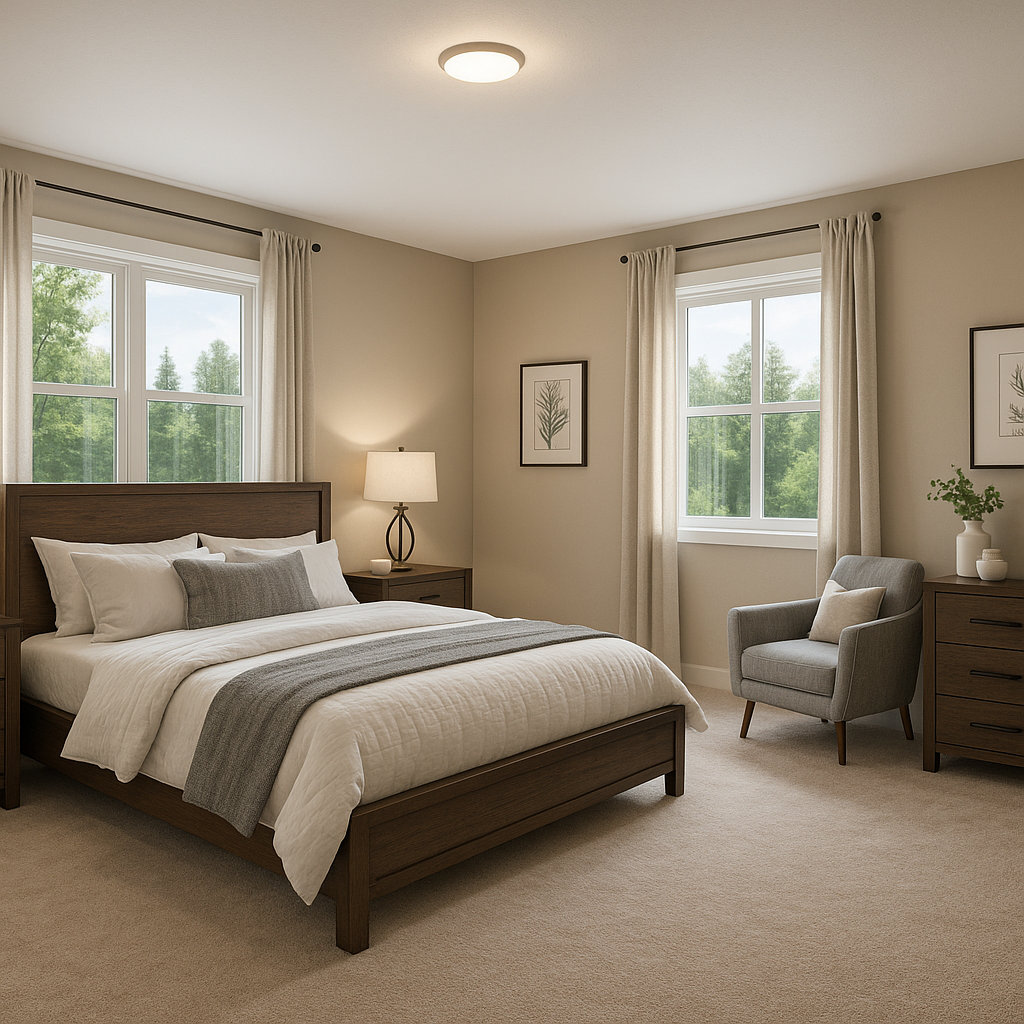 Modern bedroom with wood furniture, featuring a bed with white and gray bedding, nightstand with lamp, two windows with beige curtains, framed botanical artwork, gray armchair, and a dresser with decor.