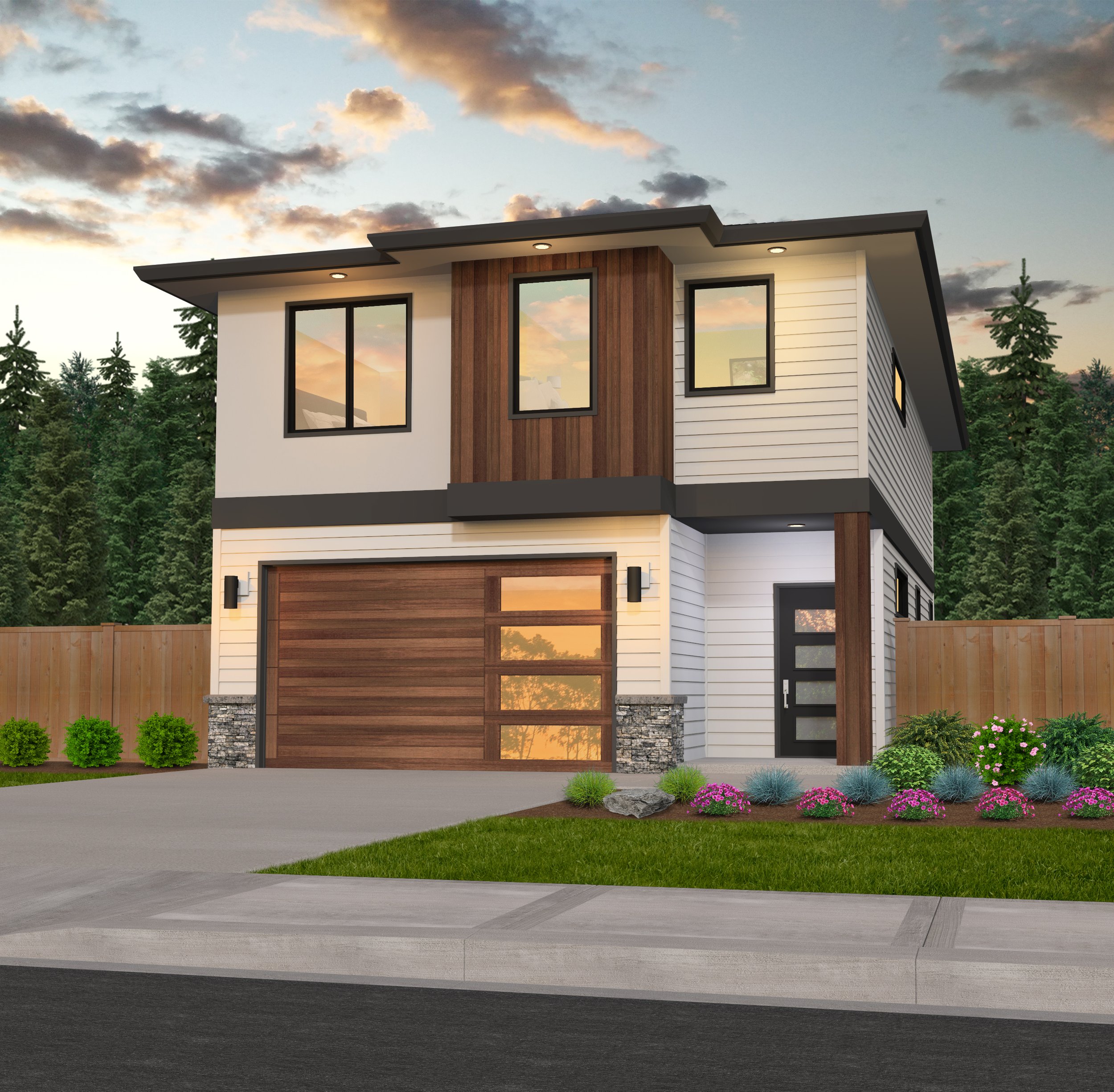 Modern two-story house with wood and stone accents, large windows, and a landscaped front yard, set against a backdrop of trees and a sunset sky.