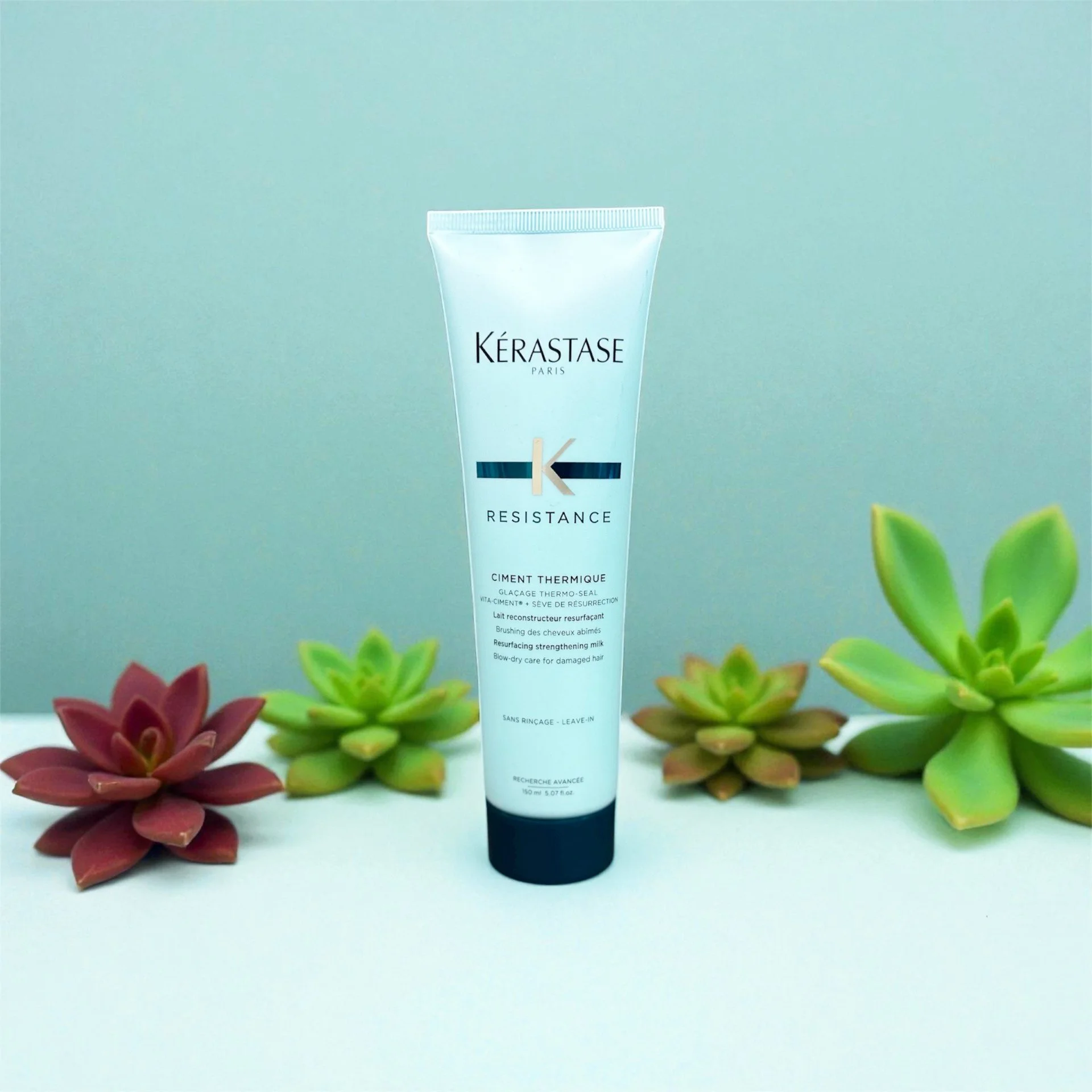 Kérastase Resistance hair care product tube with succulents on a white surface and a light blue background.