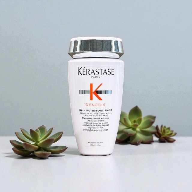 A bottle of Kérastase Genesis anti-hair fall shampoo with succulents around it, against a plain light background.