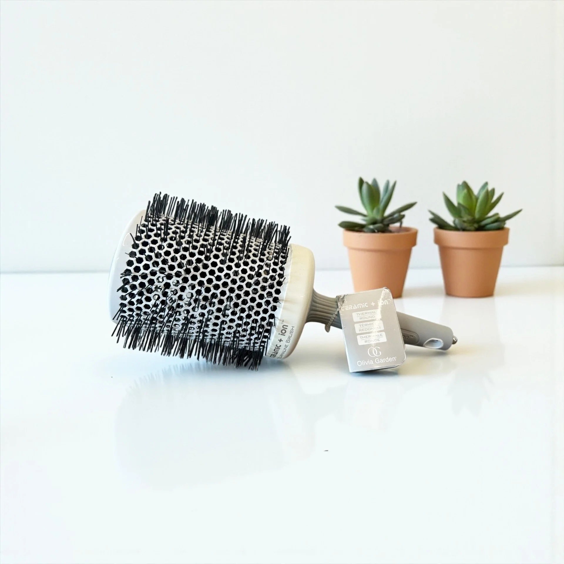 A hairbrush with black bristles and a tag attached, placed on a white surface with two small potted succulents in terracotta pots in the background.