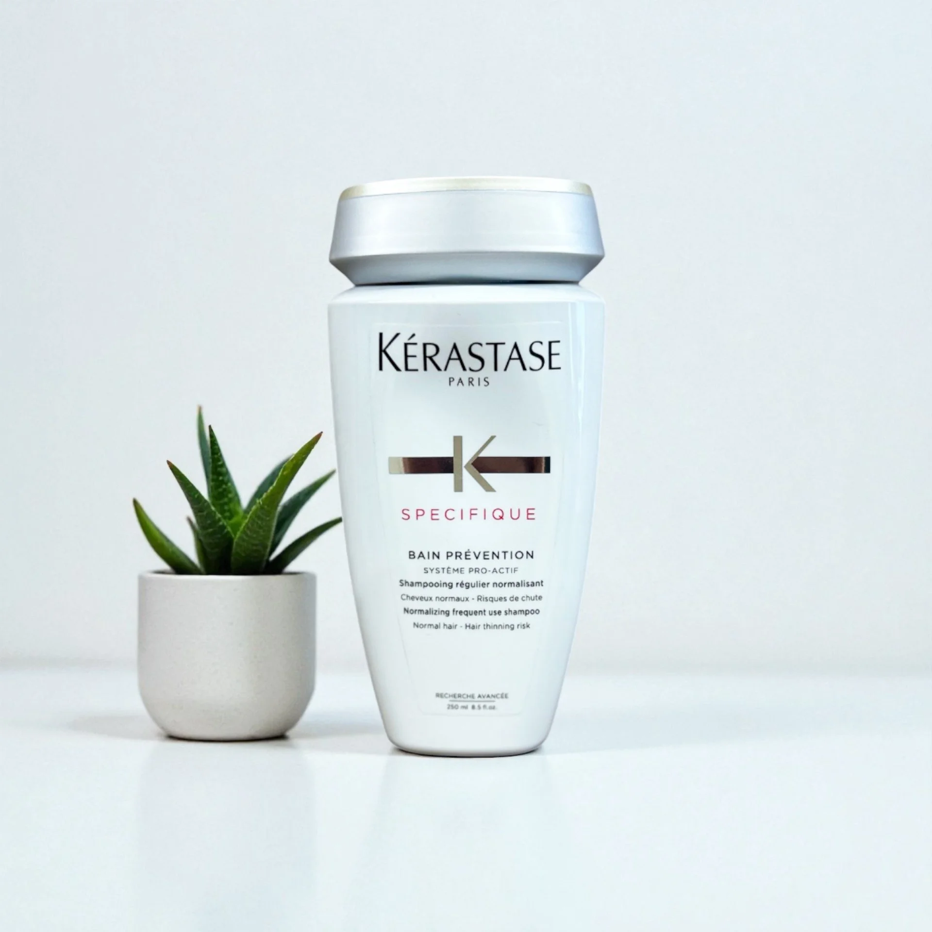 A bottle of Kérastase Specifique Bain Prevention shampoo next to a small potted succulent plant on a white surface.