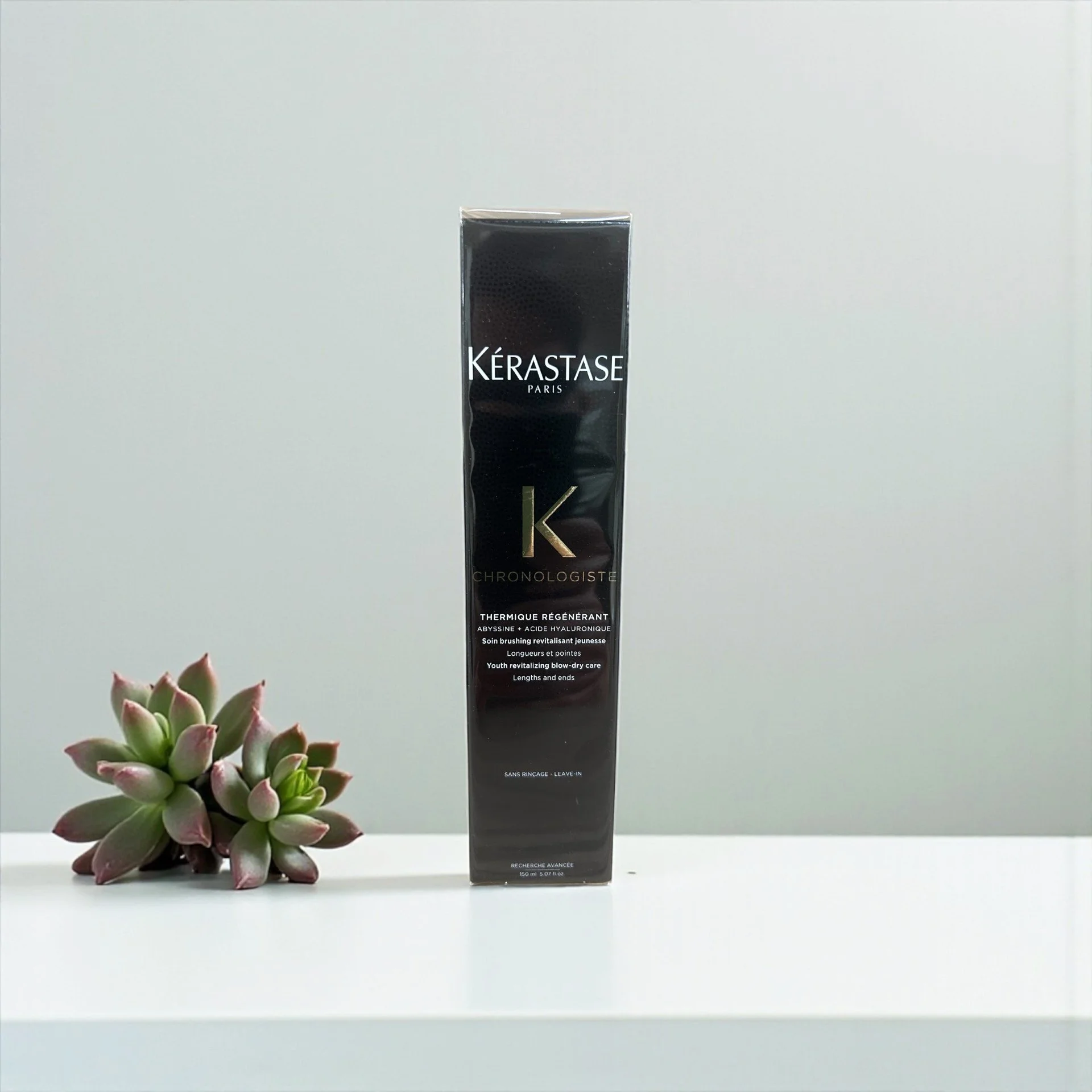 Kérastase Paris Chronologiste youth revitalizing blow-dry care product box beside a succulent plant on a white surface with a plain white background.