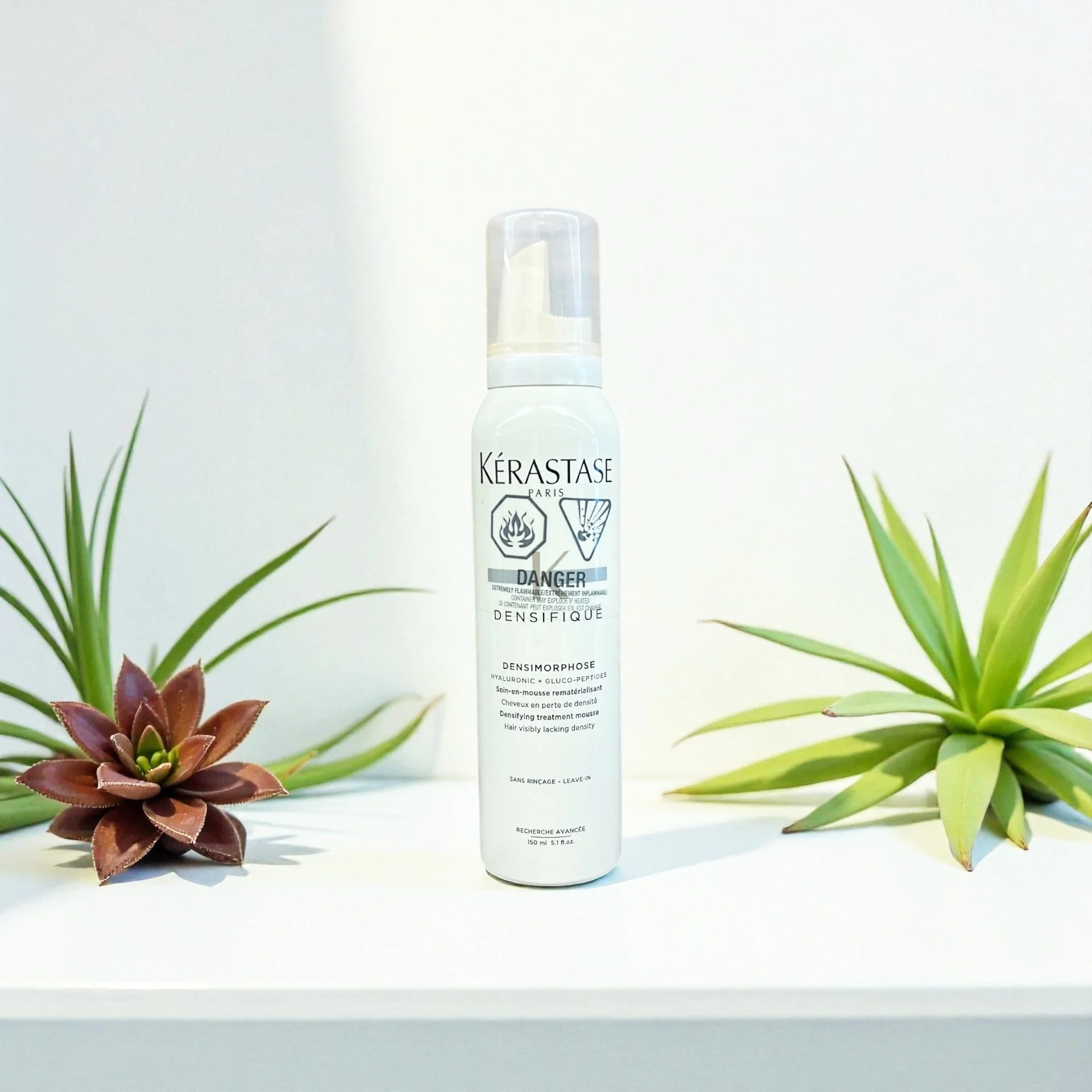 A white bottle of Kérastase Paris Densifique hair product placed on a white surface, flanked by two green succulent plants.