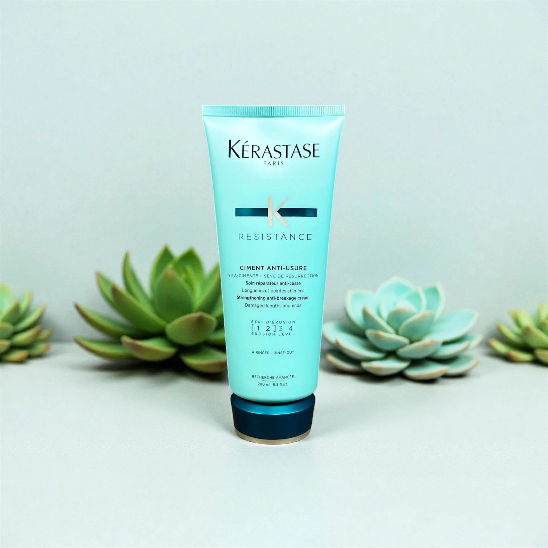 A tube of Kérastase Resistance Strengthening Anti-Breakage Cream stands on a white surface with succulents in the background.