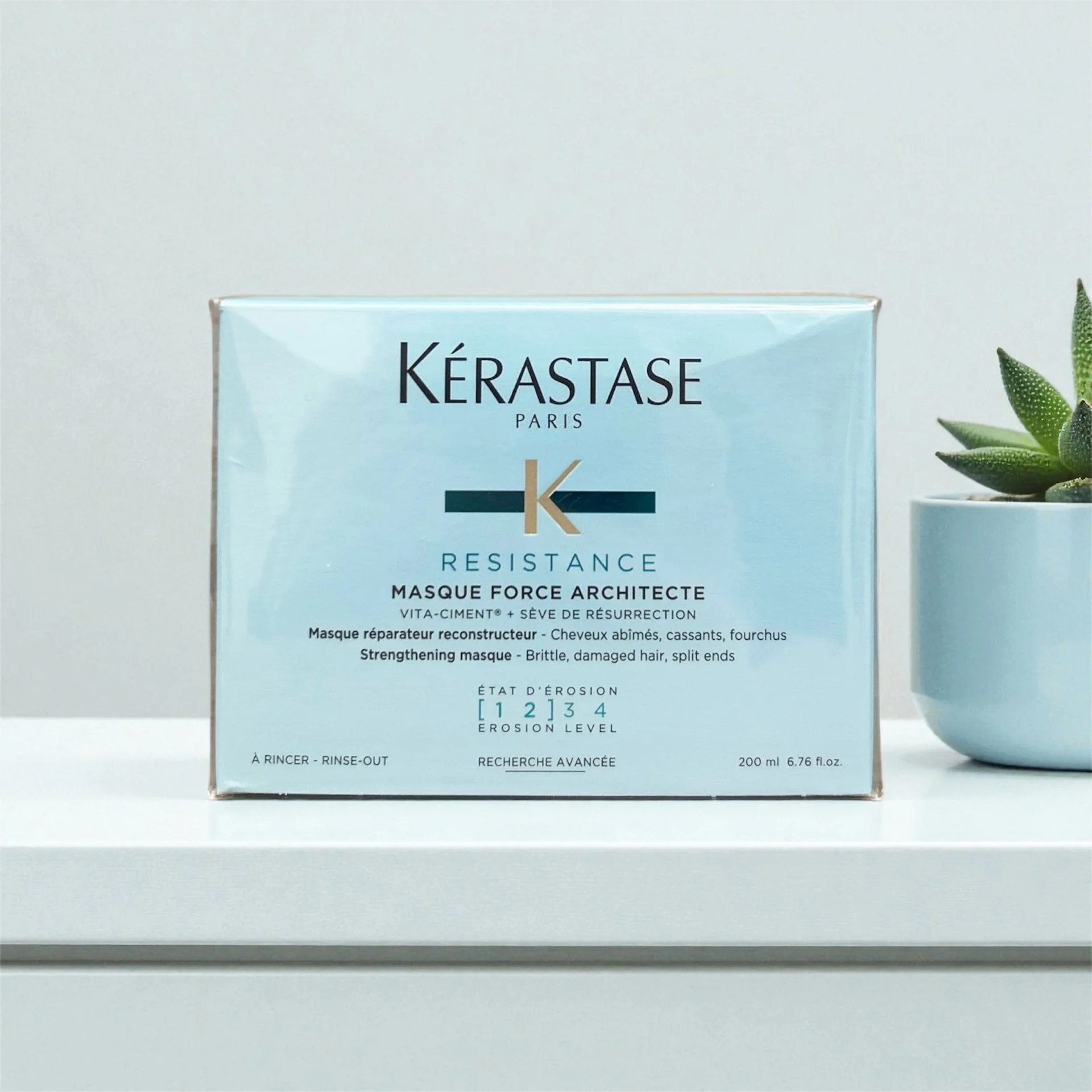 Kérastase Resistance Masque Force Architecte hair treatment box with a small potted succulent plant nearby.