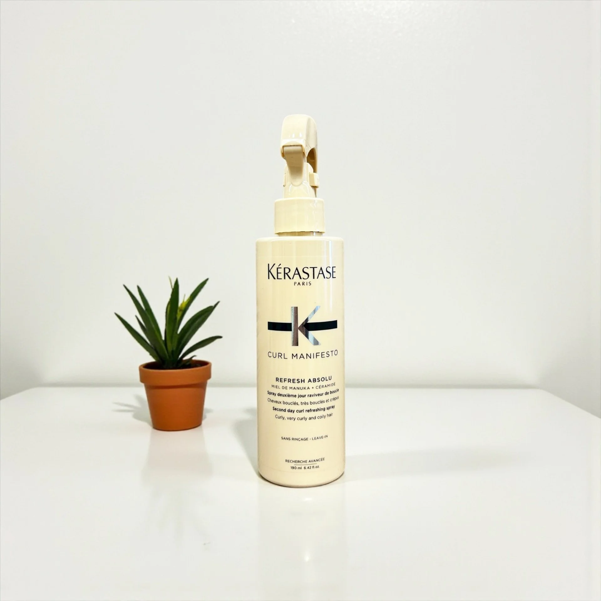 A bottle of Kérastase Curl Manifesto Refresh Absolu spray and a potted succulent plant on a white surface against a white background.