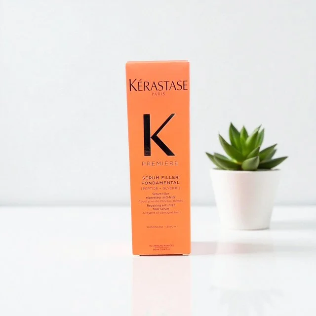 Kérastase Paris Premier Serum Filler bottle and a small potted succulent plant on a white surface