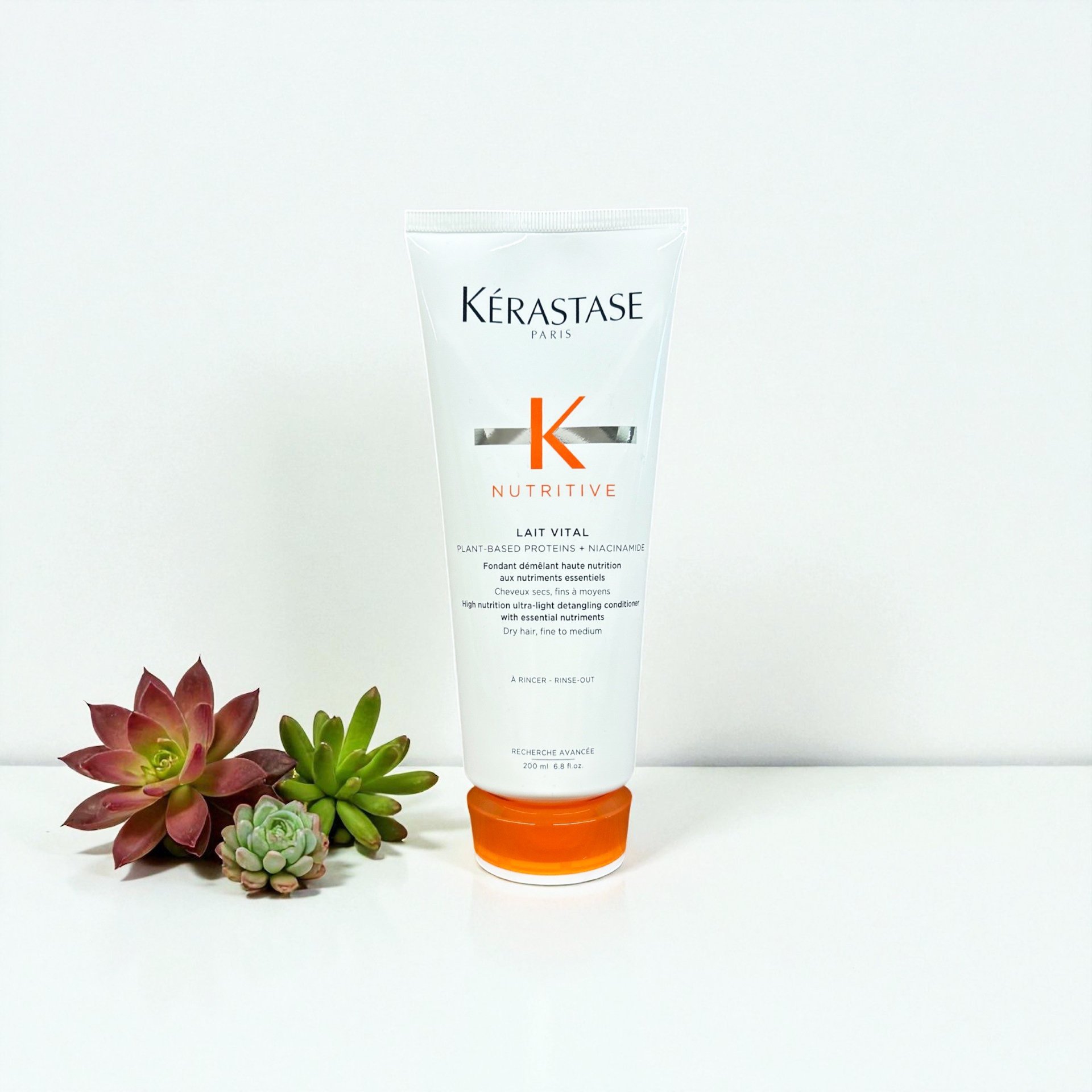 Kérastase Nutritive Lait Vital hair care product in a white tube with orange cap, placed on a white surface with three succulents beside it, against a plain white background.