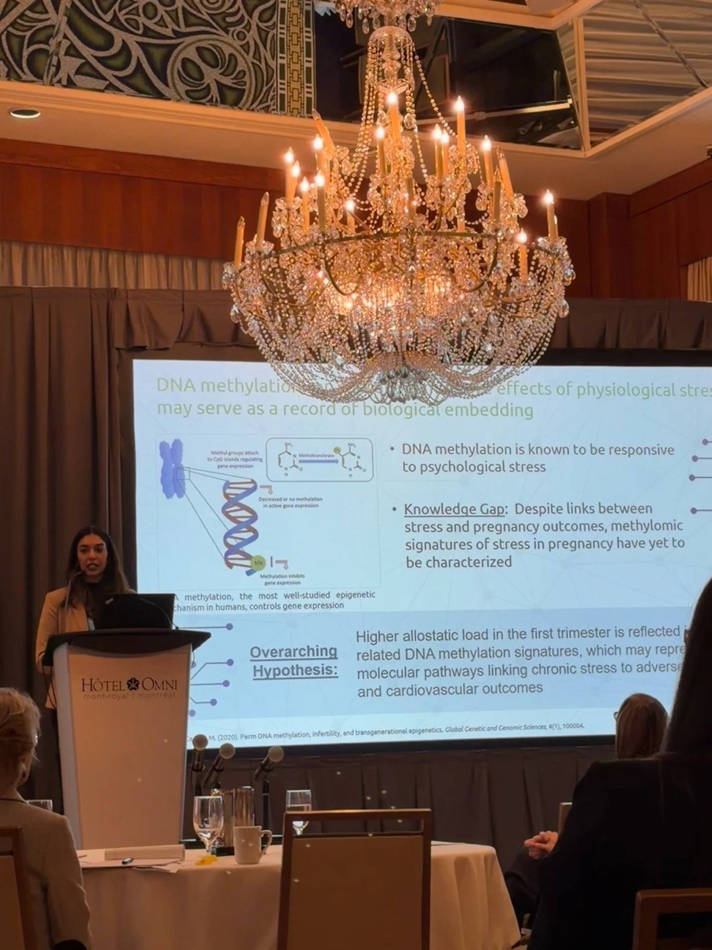 A person giving a presentation in a conference room with a large chandelier overhead. The presentation slide visible on the screen discusses DNA methylation and its effects, with visible text, diagrams, and a person standing at a podium labeled 'Hôtel Omni mont-royal'.