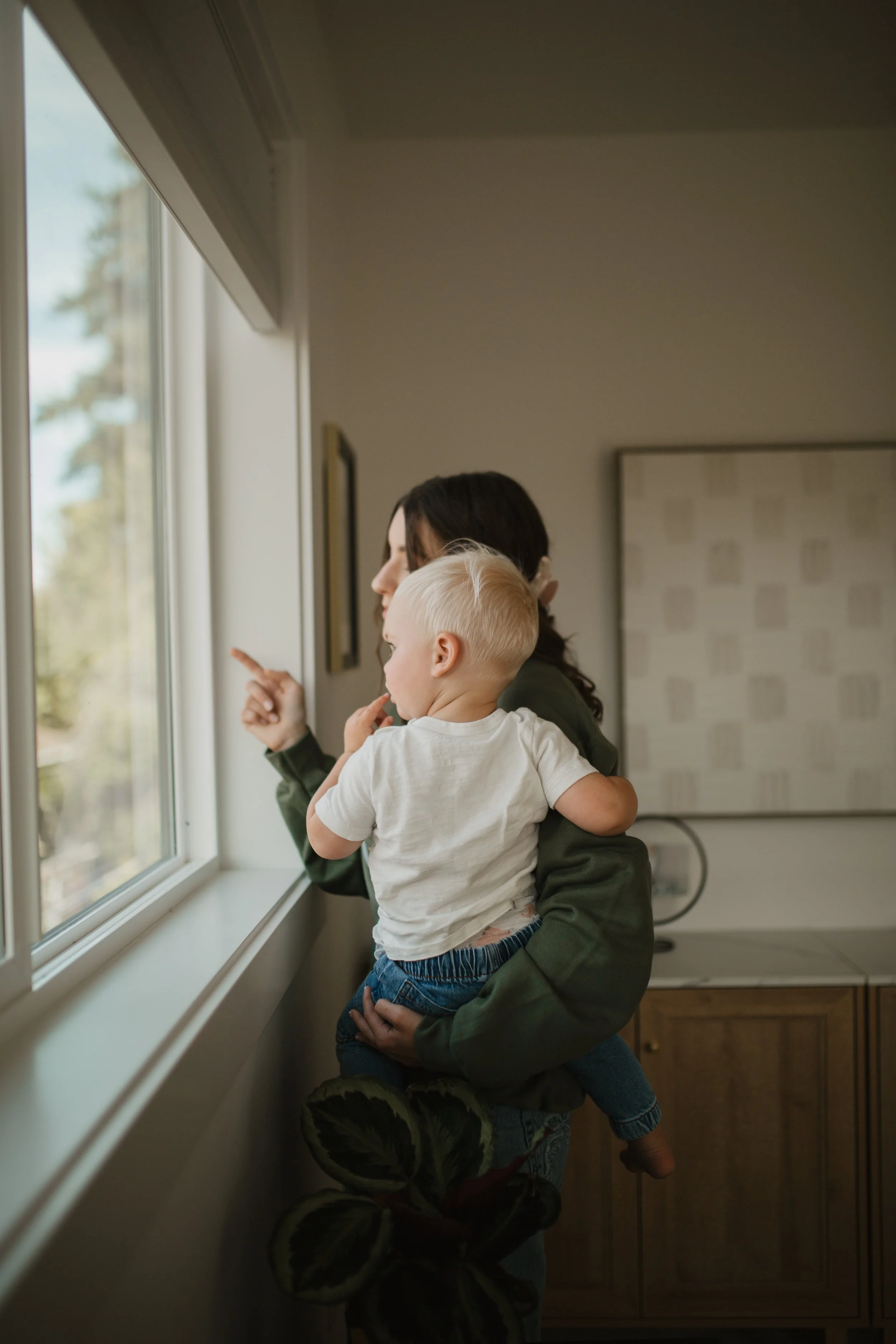 A woman holding a toddler child by a window, with the woman pointing outside, in a modern home interior.